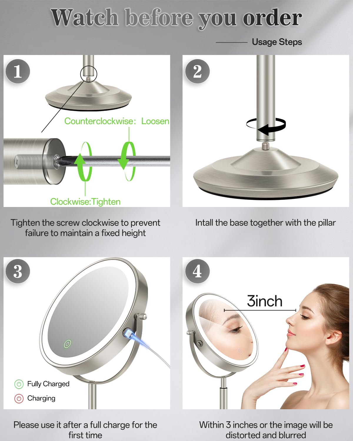 vpu 8" Lighted Makeup Mirror with Light,30X Magnifying Height Adjustable Mirror – product photo (Mirrors)