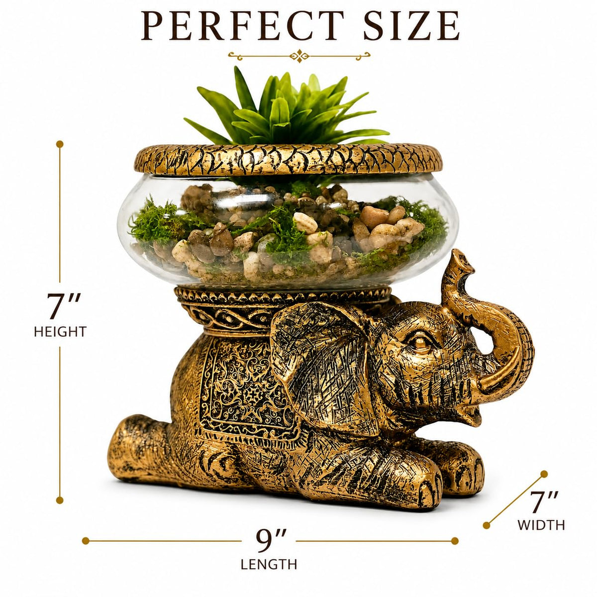 THE NIFTY NOOK Elephant Decorative Bowl with Removable Glass Vessel, Antique Gold Finish, Tabletop Plant Display, Gift B