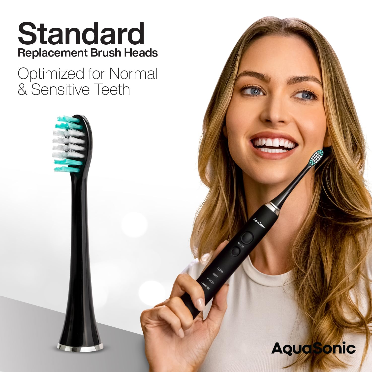 Set of 8 AquaSonic genuine replacement toothbrush heads for normal and sensitive teeth, compatible with AquaSonic toothbrush handles.