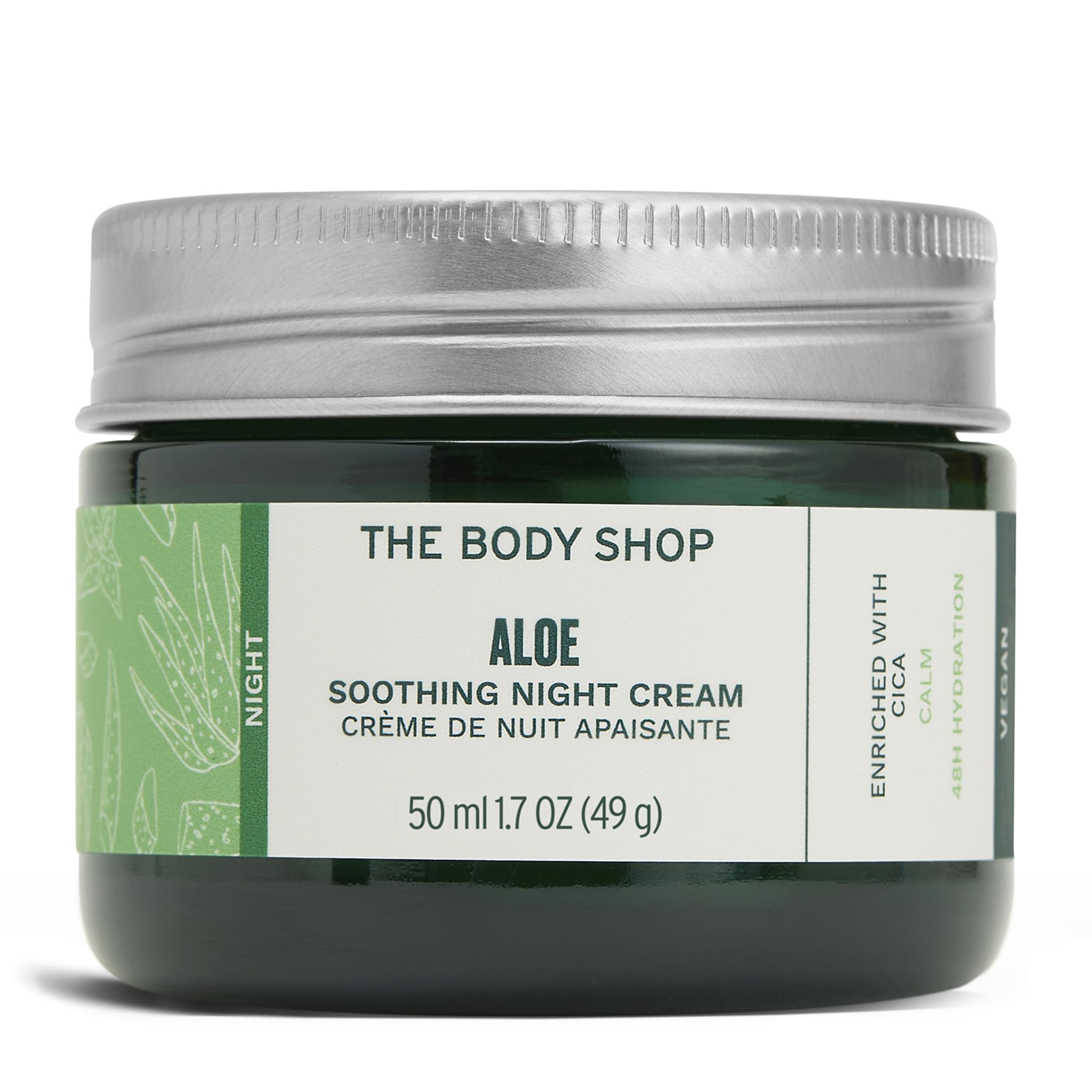 The Body Shop Aloe Vera Night Cream for sensitive skin in a 50ml jar, showcasing the moisturizer with aloe vera infusion.