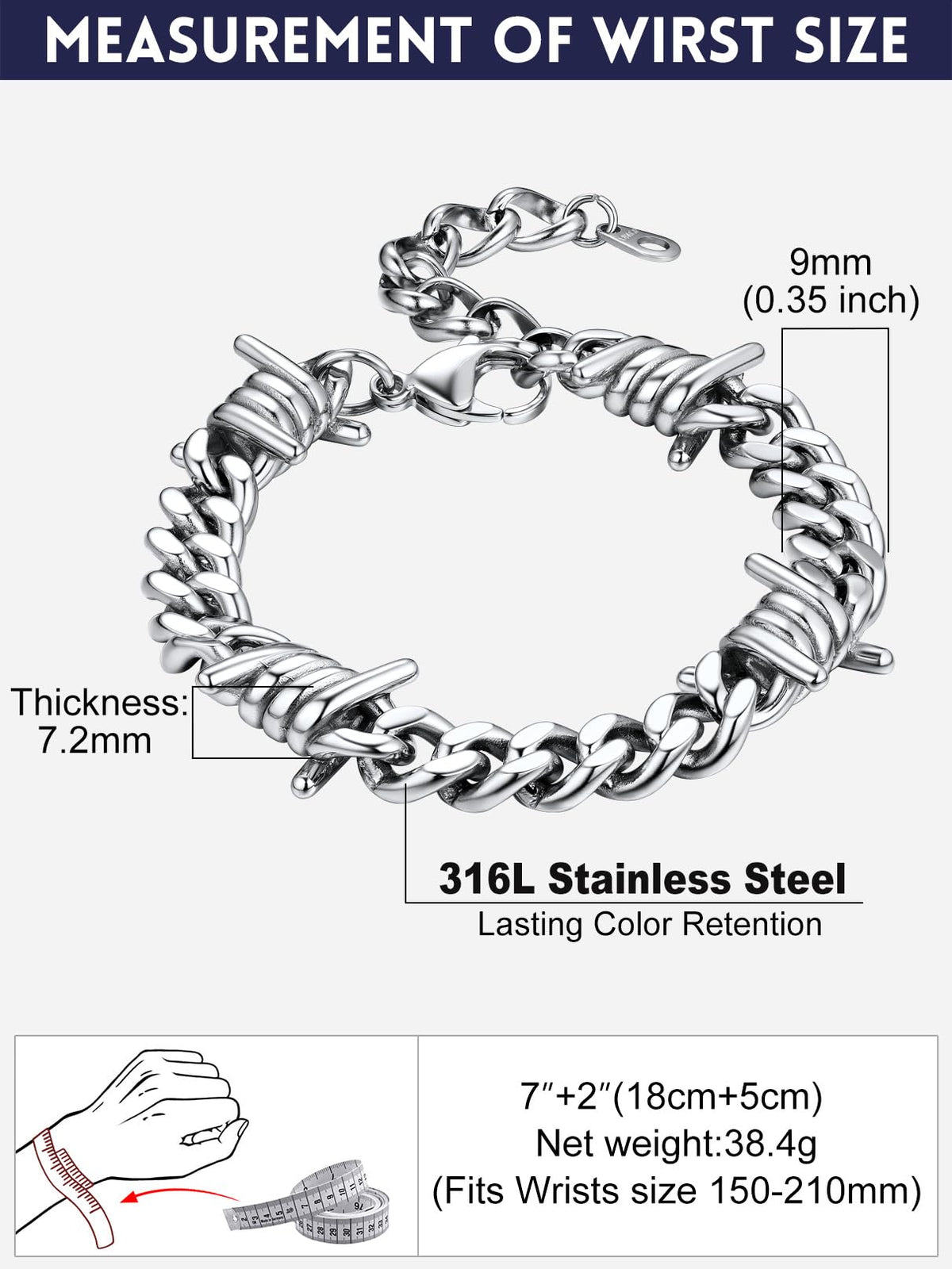 Bandmax Bold Punk Stainless Steel Barbed Wire Chain Bracelet, Adjustable – back view and specifications
