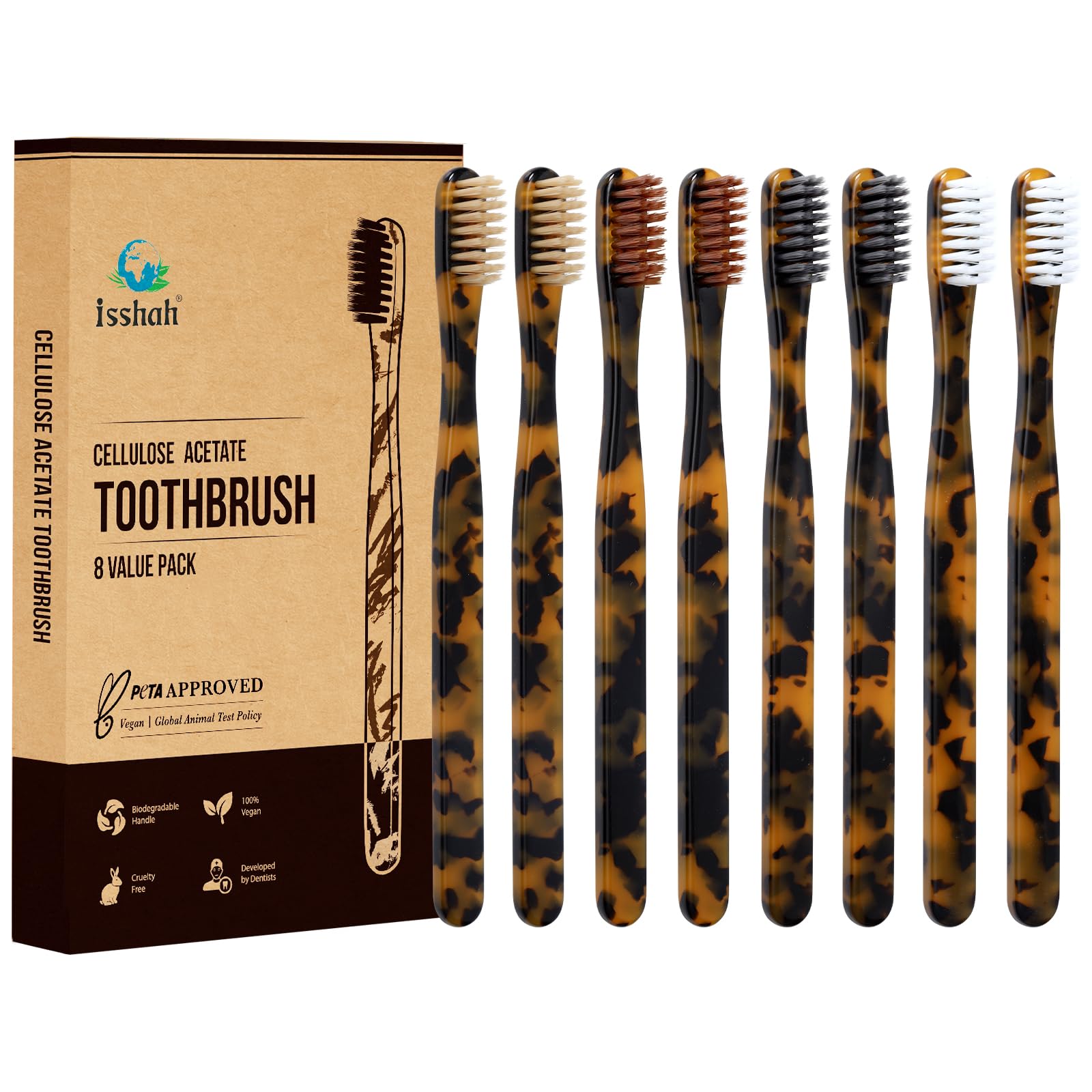 Isshah Plant-Based Cellulose Acetate Toothbrushes - 8 Pack - - Product Imagery