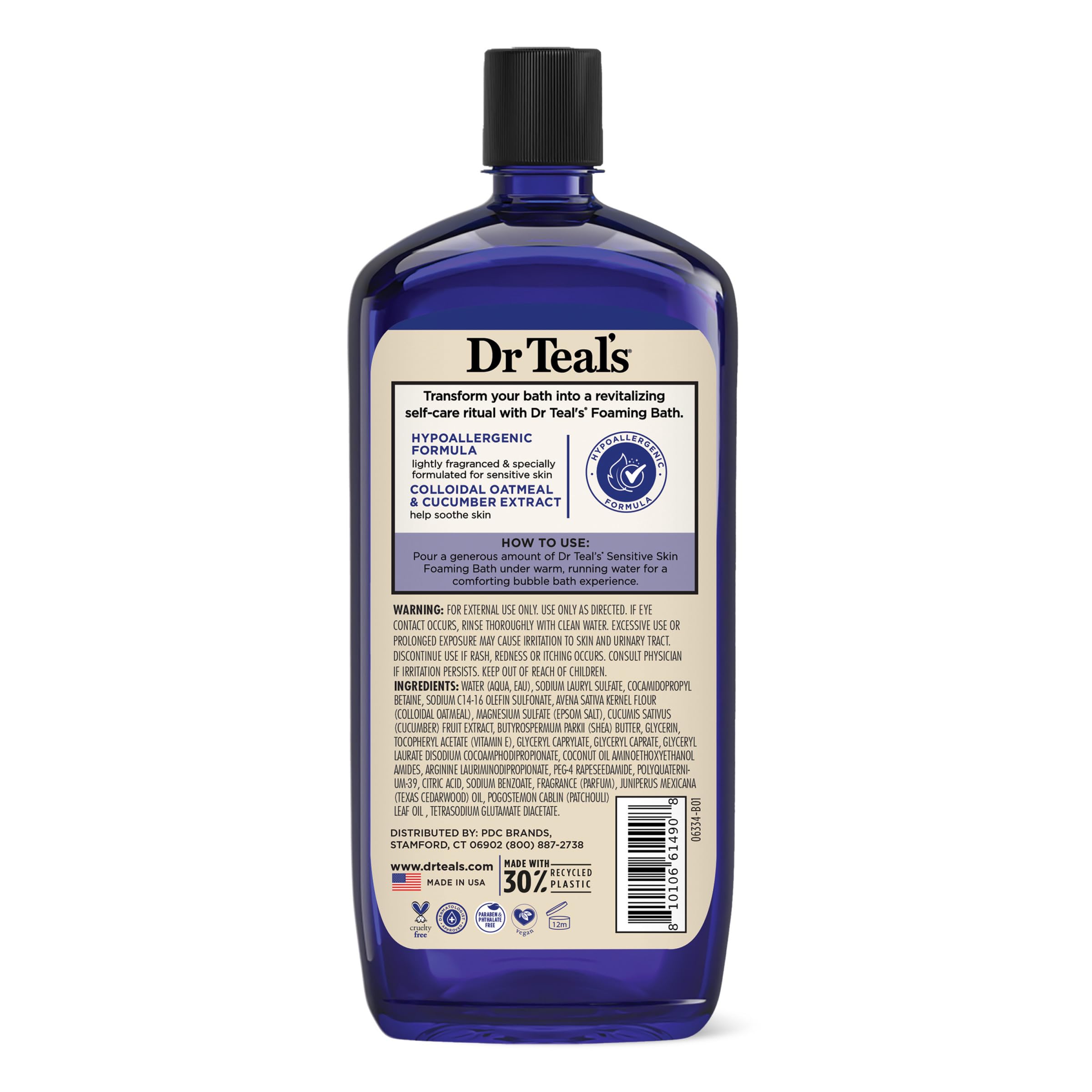 Dr Teal's foaming bath with Epsom salt, colloidal oatmeal, and cucumber in a 34 fl oz bottle, perfect for sensitive skin.