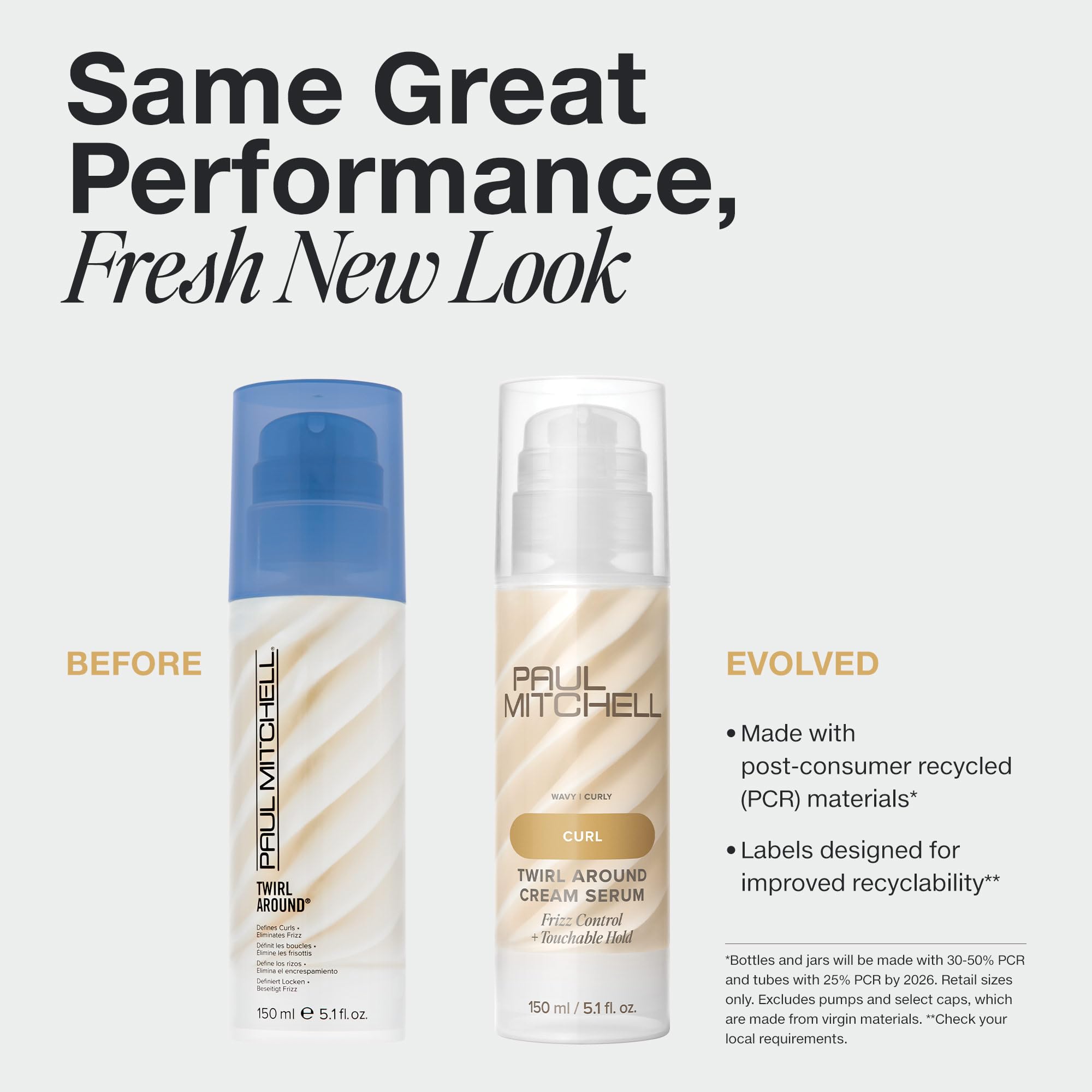 Paul Mitchell Twirl Around Cream Serum for curly and wavy hair, displaying the product bottle with smooth, styled hair.