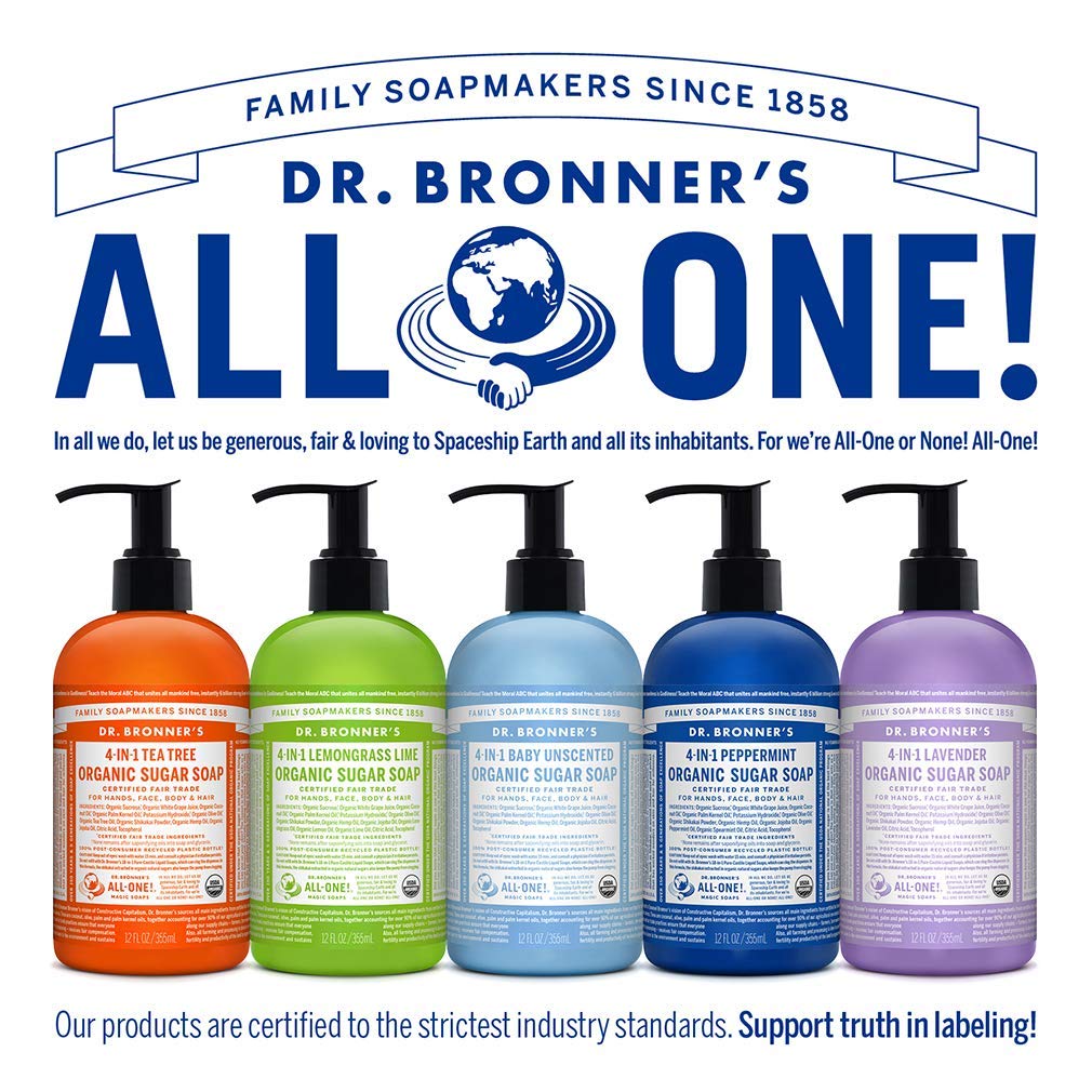 Dr. Bronner's - Organic Sugar Soap (12 oz Variety Pack) Lavender, Peppermint, Tea Tree, & Lemongrass - Made with Organic Oils, Sugar & Shikakai Powder, 4-in-1 Use: Hands, Body, Face & Hair | 4 Count