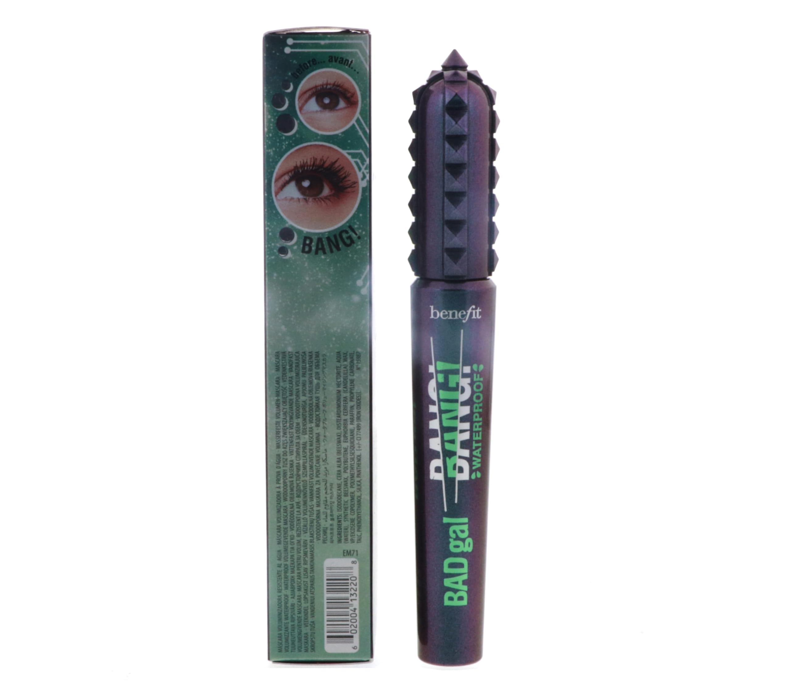 Benefit Badgal Bang! waterproof volumizing mascara in 0.3 ounces, showing the sleek black mascara tube with a silver cap.