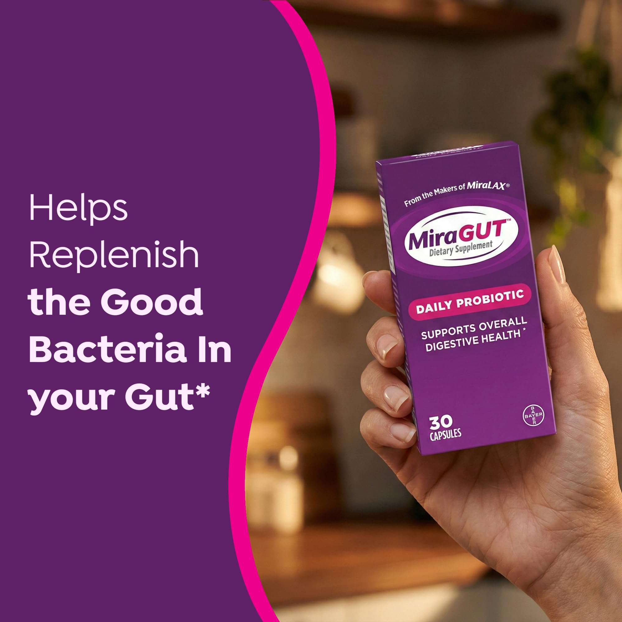 MiraGUT Daily Probiotic, from the Makers of MiraLAX, Probiotics for Digestive Health, Gluten-Free Supplement, Probiotic for Women and Men, Support Overall Digestive Health, 30 Ct