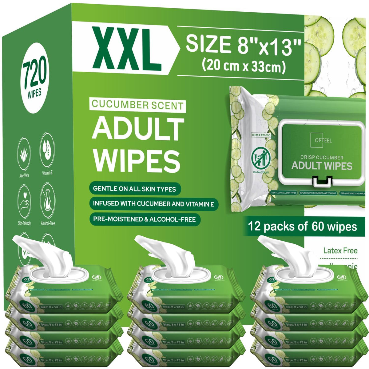 OPTEEL Wipes for Adults – Extra Large 8x13, Scented, Pre-Moistened, 720ct – product photo (Cleansers, Cloths &amp; Cream