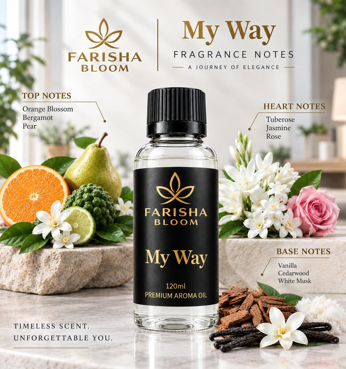 Farisha Bloom My Way Luxury Scent Diffuser Oil, 120 mL Premium Fragrance Oil with Sandalwood, Cedarwood, Amber & Leather