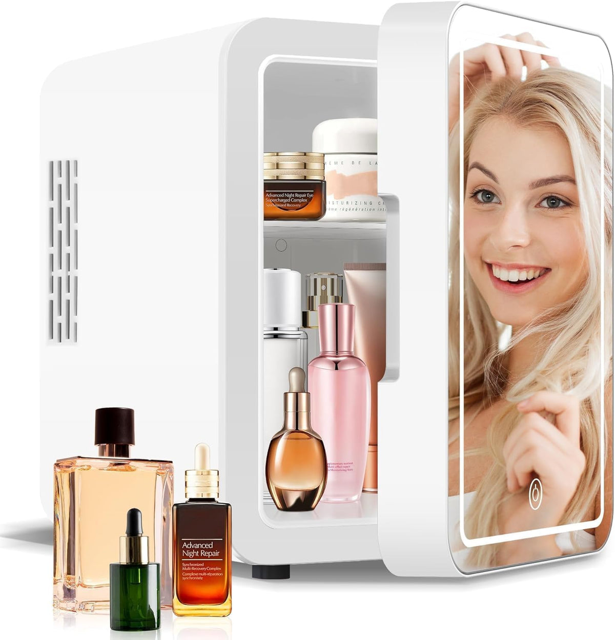 Lispin Mini Skincare Fridge, 4 Liter/6 Can Small Fridge with Dimmable LED Mirror, Cooler & Warmer Makeup Fridge for Skin