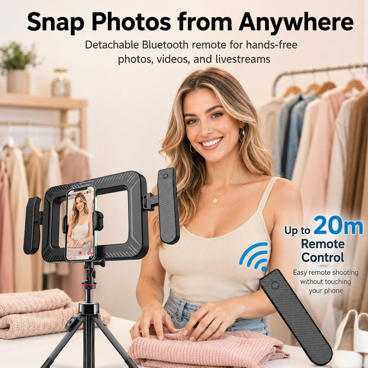 KayusMt Cell Phone Light for Video Recording – Handheld Creator Kit with Tripod – back view and specifications