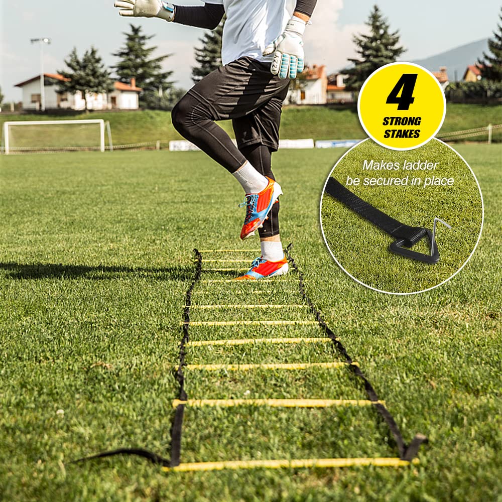 Ejoyous agilitys Ladder, Speed Training Equipment Set Includes 12 Rung 12 Soccer Cones 4 Steel Stakes resistants Parachu