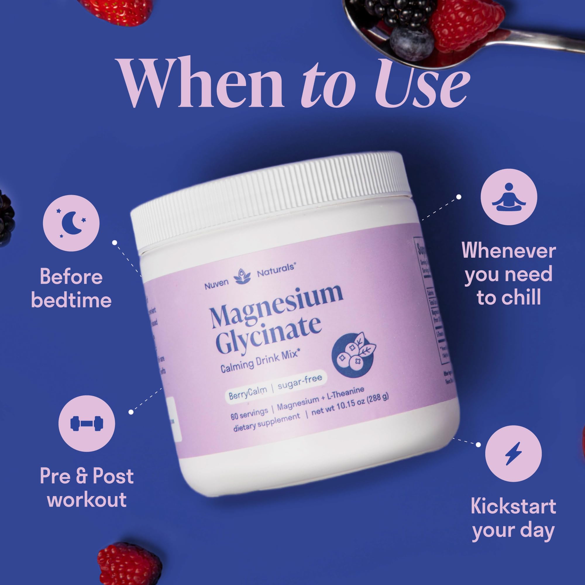 Magnesium Glycinate Powder + L Theanine, 60 Servings, 300mg, Mixed Berry