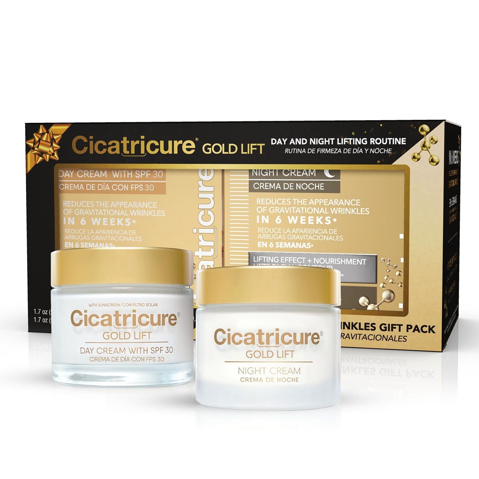 Cicatricure Gold Lift day and night skincare moisturizer gift pack, anti-aging cream, 1.7 oz each, for youthful skin.