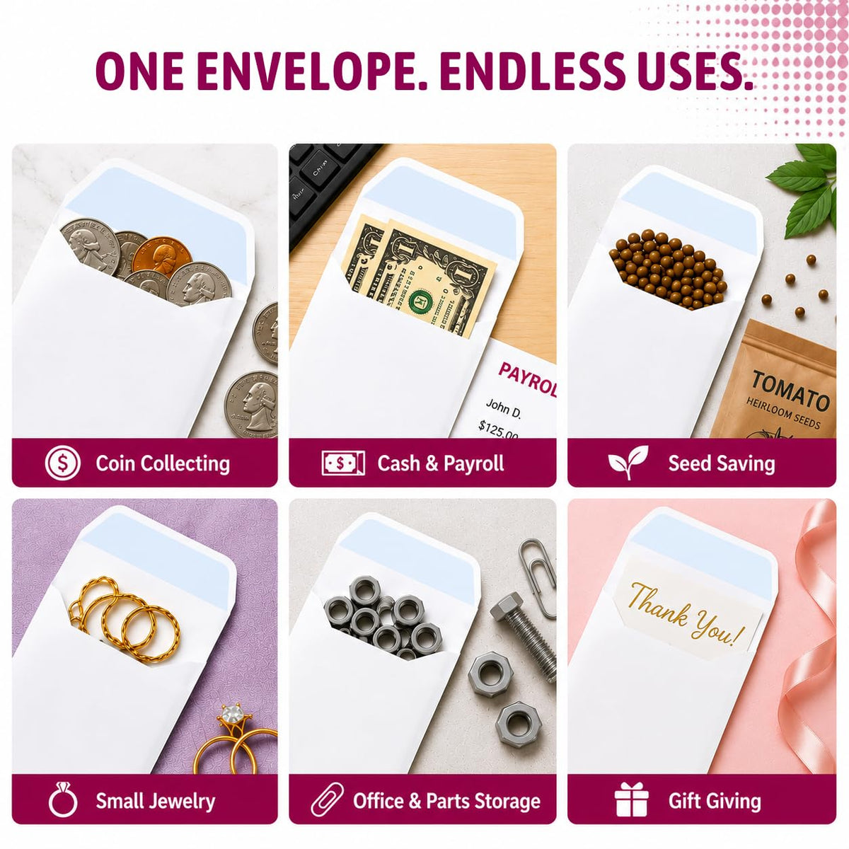 NextDayLabels - Box of 500#7 White Coin Envelopes, Made in USA – full view, size #7 Coin #7 Coin #7 Coin #7 Coin #6¾