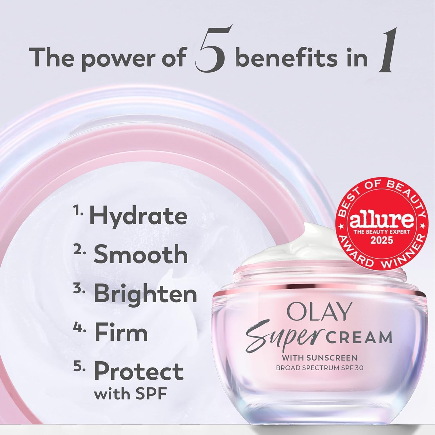 Olay Super Cream SPF 30 sunscreen with lightweight moisturizer, brightening, firming, hydrating, and skin-nourishing ingredients.