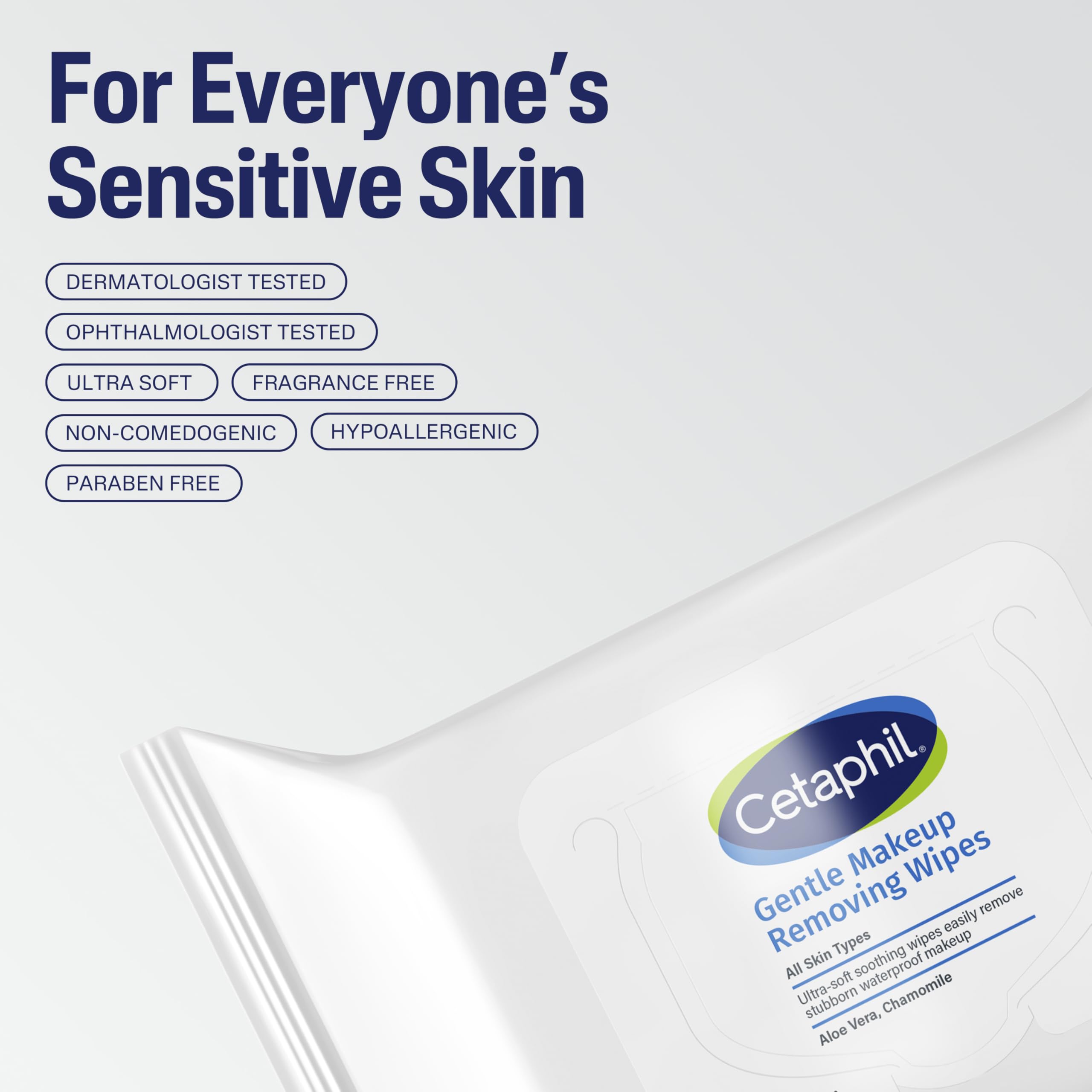 Cetaphil Gentle Makeup Remover Face Wipes in a 25-count package, fragrance-free skin cleaning wipes for gentle makeup removal.