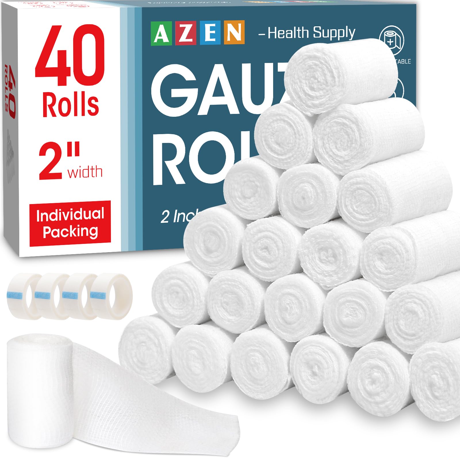 AZEN 40 Pack Gauze Rolls Bandages, 2 in x 4.1 Yards, Premium - Product Imagery