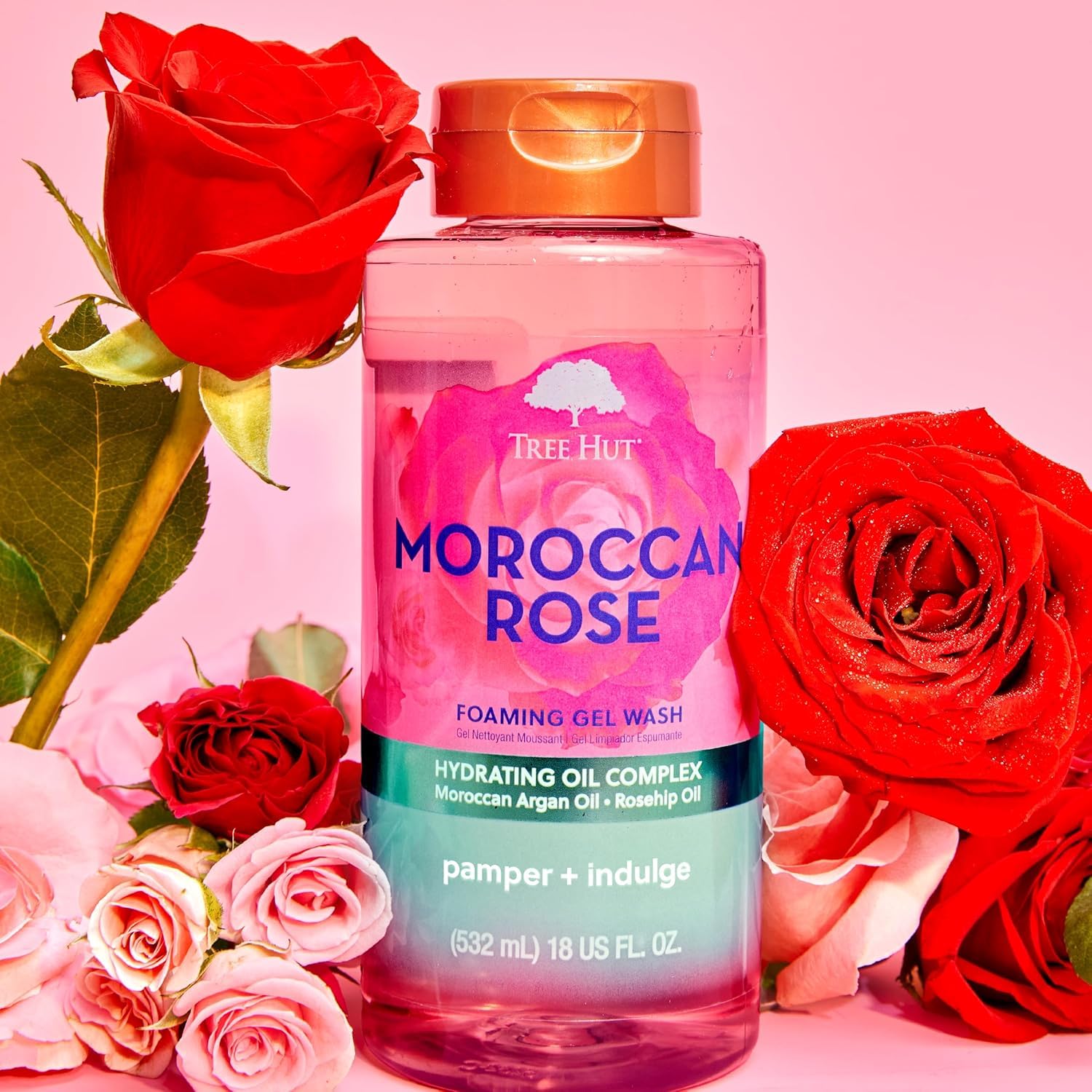 Tree Hut Moroccan Rose foaming gel body wash in 18 oz bottle, featuring a floral rose scent and gentle skin cleansing formula.
