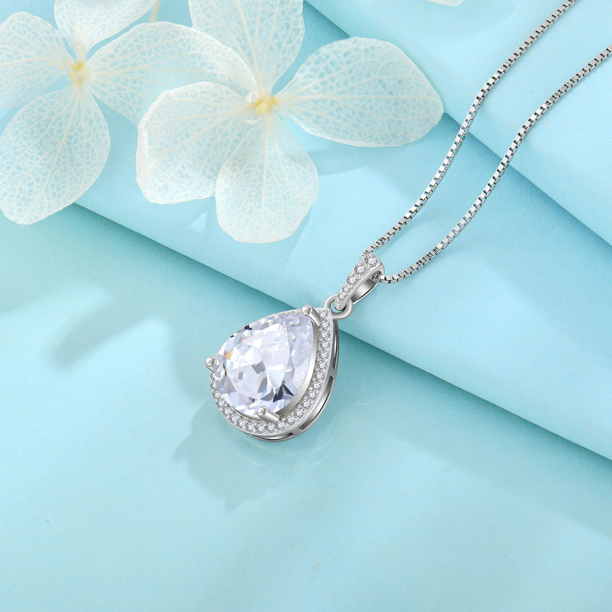 FJ Teardrop Pendant Necklace 925 Sterling Silver Birthstone Jewelry – full view, size 22.8 * 13 mm (Pendant), 10 * 12 mm