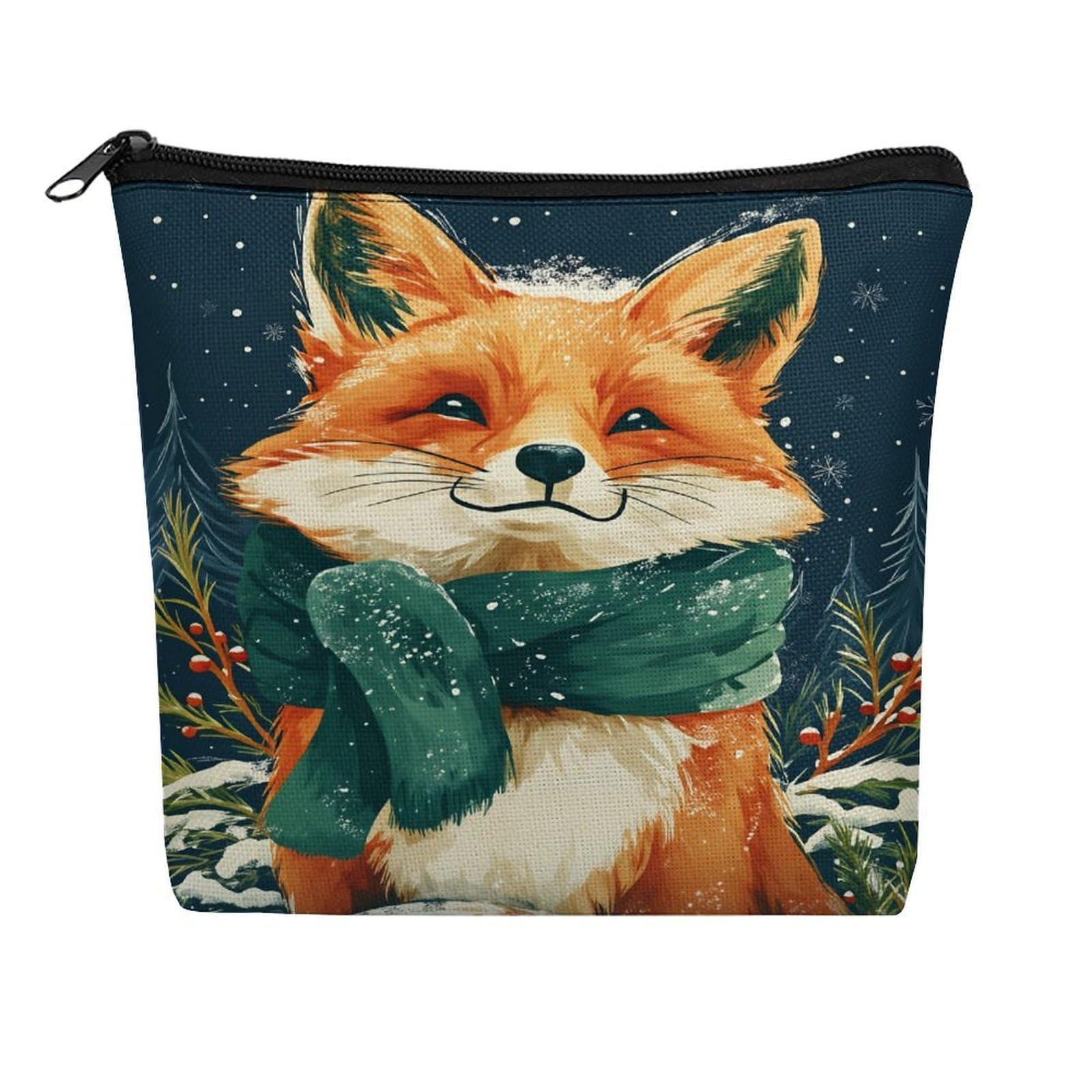 Qfsdijnig Fox Winter Scarf Snowflake Pine Cosmetic Bag Makeup Pouch with Zipper - Travel Linen Makeup Organizer - Portable Vanity Case for Women Girls Teens - Gift Set for Her - Makeup Storage Bag