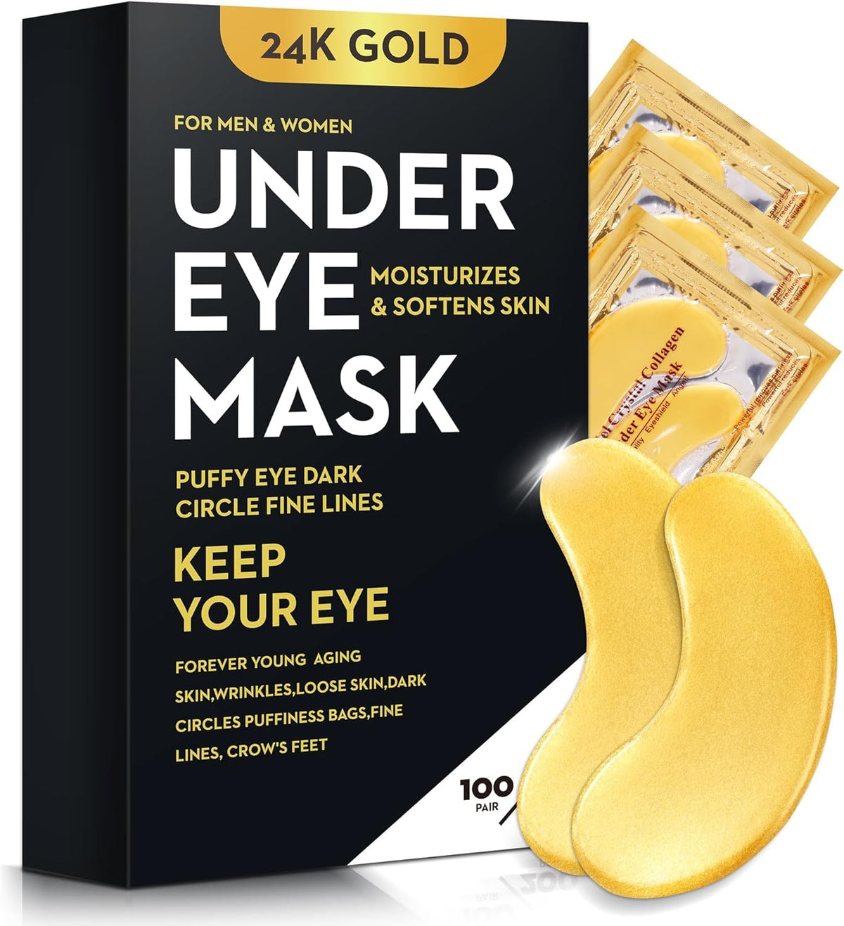 Bukamkom 200Pcs/100 Pair Under Eye Patches Gold for Dark Circles, Puffy Eyes, and Wrinkles, 24K Gold Eye Mask for Face, 