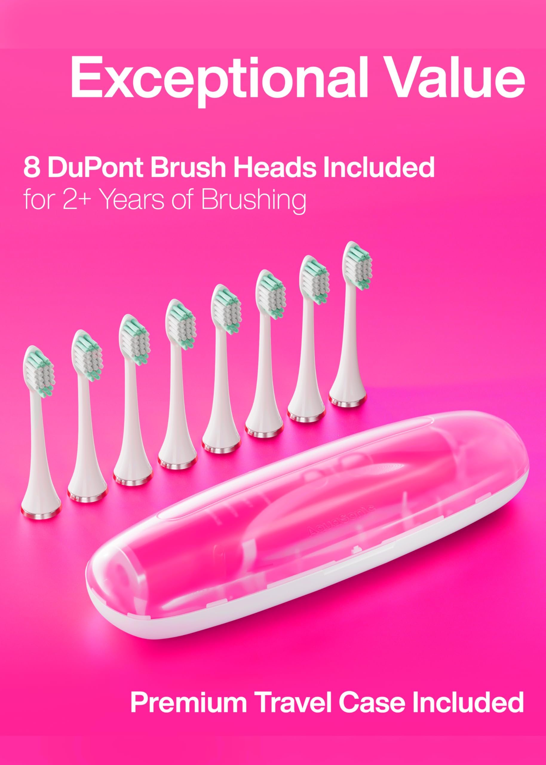 Aquasonic Vibe Series electric toothbrush in pink with 8 brush heads, travel case, 40,000 VPM motor, and four cleaning modes.