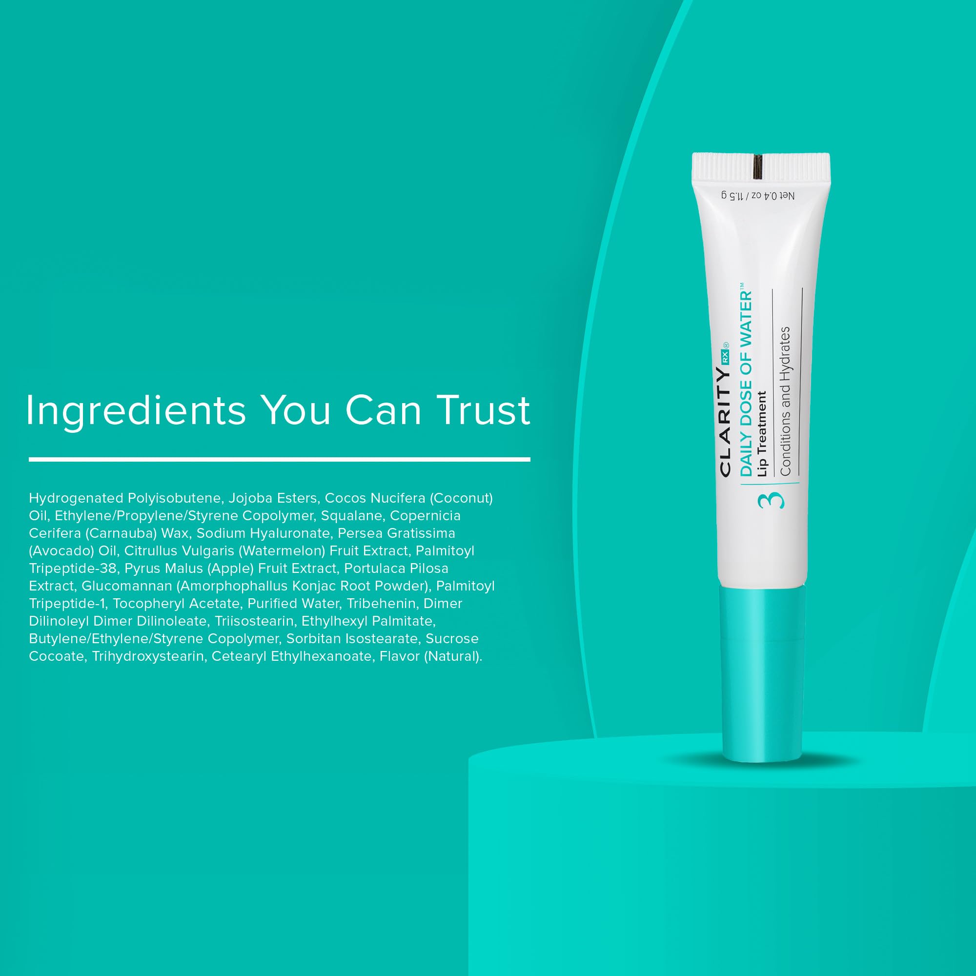 ClarityRx Daily Dose of Water Lip Treatment lip balm in 0.4 oz container, moisturizing and hydrating for smooth lips