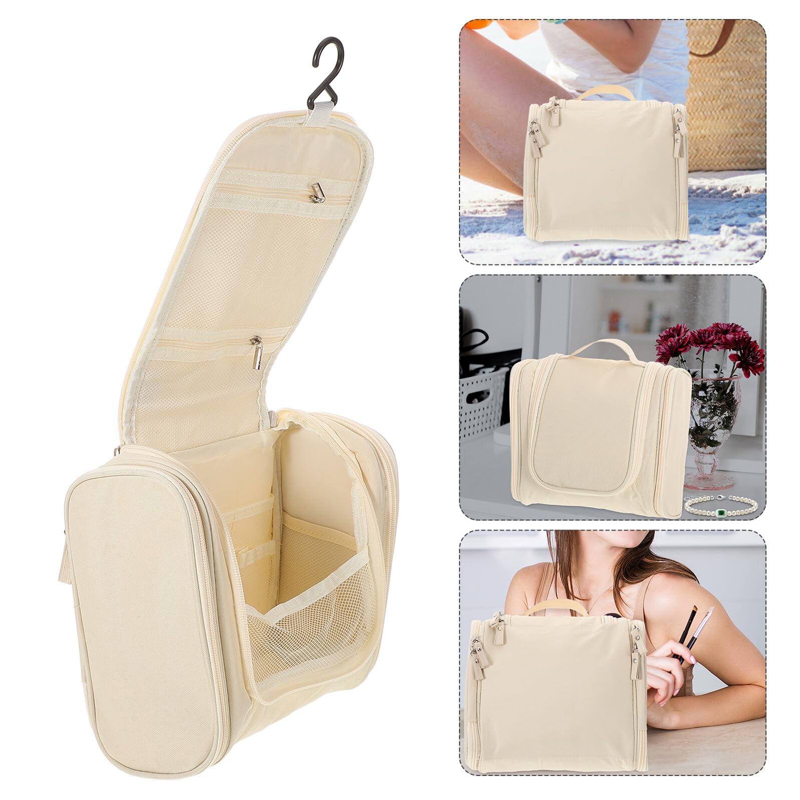 Beige Wakauto waterproof large toiletry bag with handle, travel cosmetic case for men and women, holds bathroom and shower essentials.