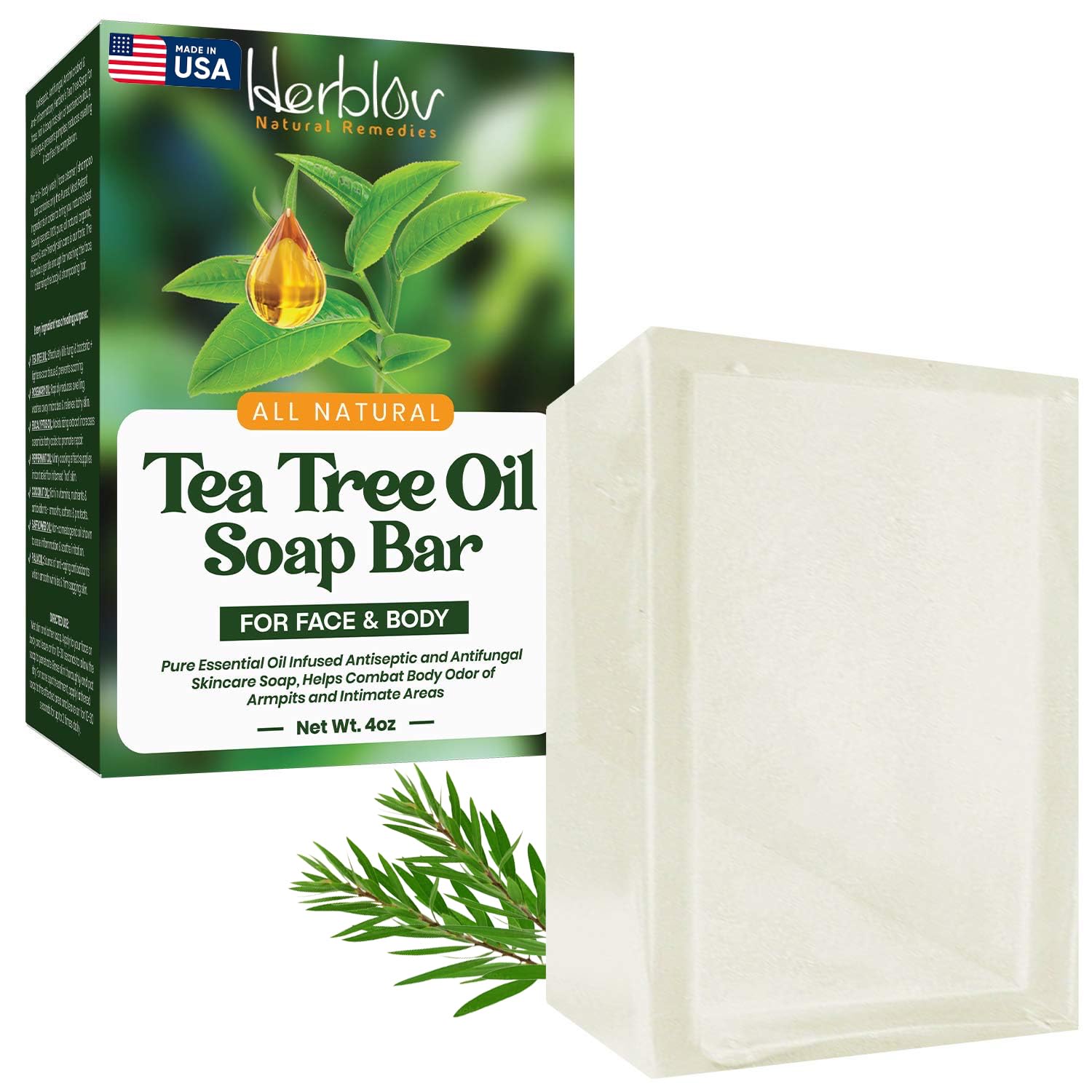 Herblov Tea Tree Oil Soap Bar for Face & Body, 4oz –All Natural - Product Imagery