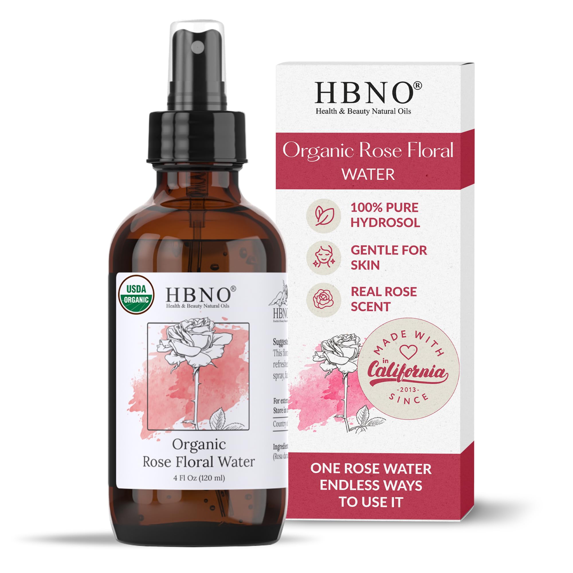 HBNO California Bottled Organic Rose Water for Face 4 fl oz - Product Imagery
