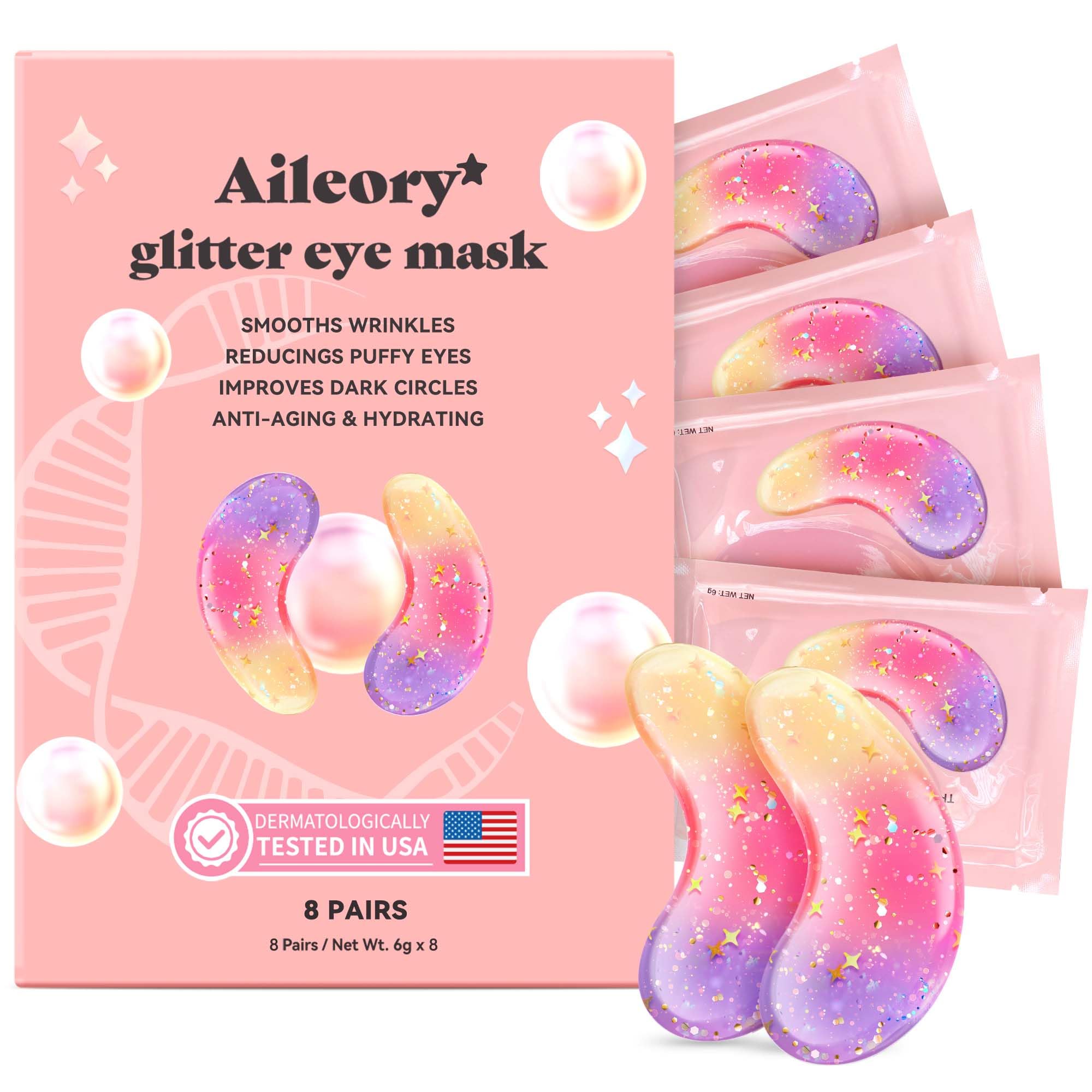 AILEORY Under Eye Patches (8 Pairs) - Tri-color Glitter Eye Gel - Product Imagery