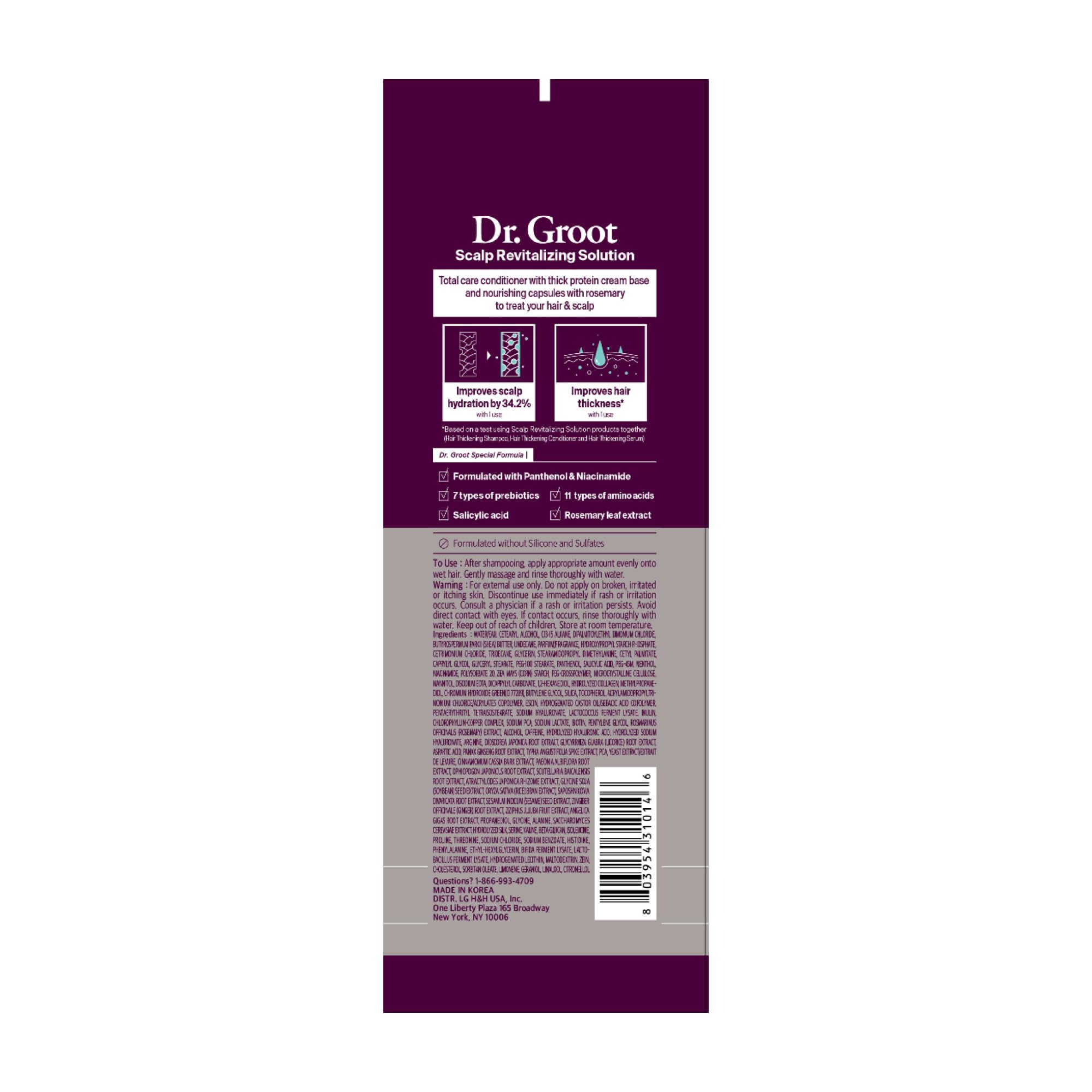 Dr. Groot hair thickening conditioner in a white bottle with a pump, designed for hair loss and thinning hair, with biotin scalp treatment.
