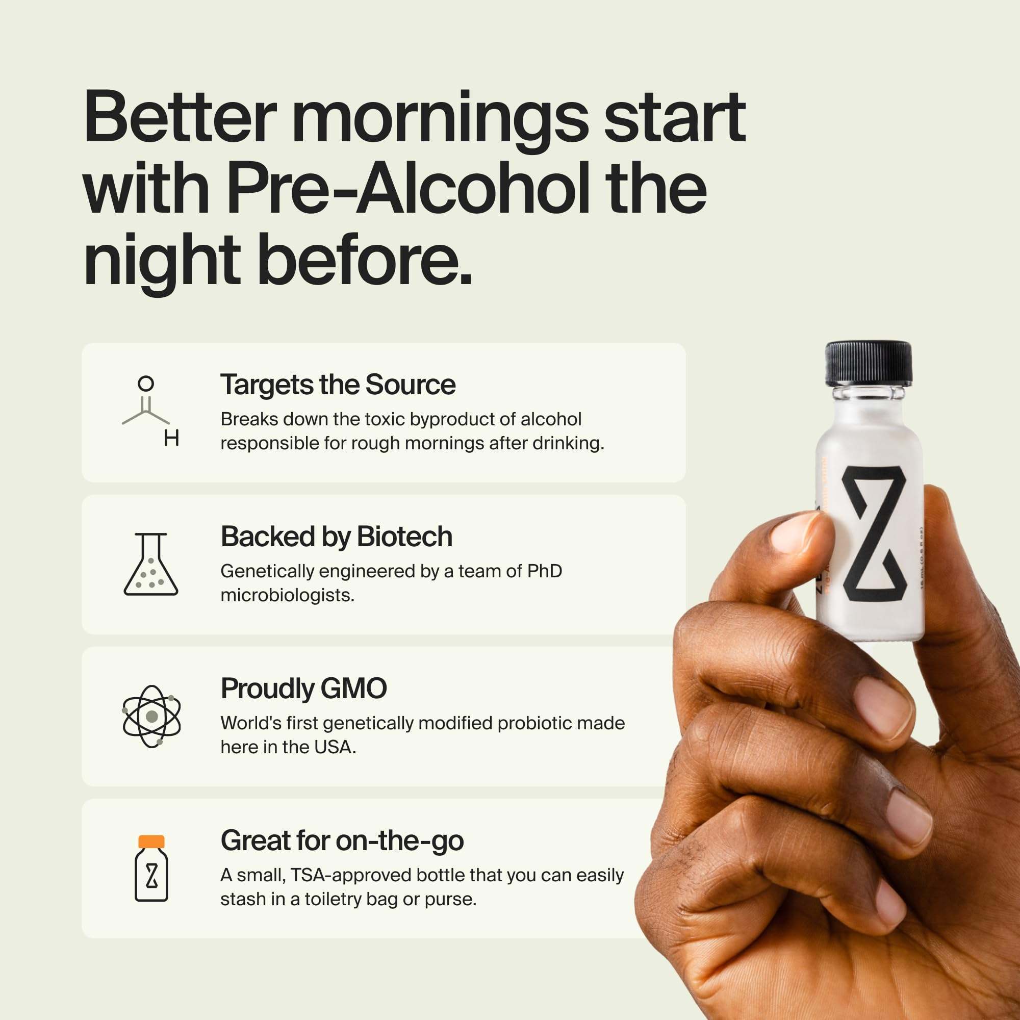 ZBiotics Pre-Alcohol Probiotic Drink 3-pack, dietary supplement with probiotic formula for supporting digestion before alcohol consumption.
