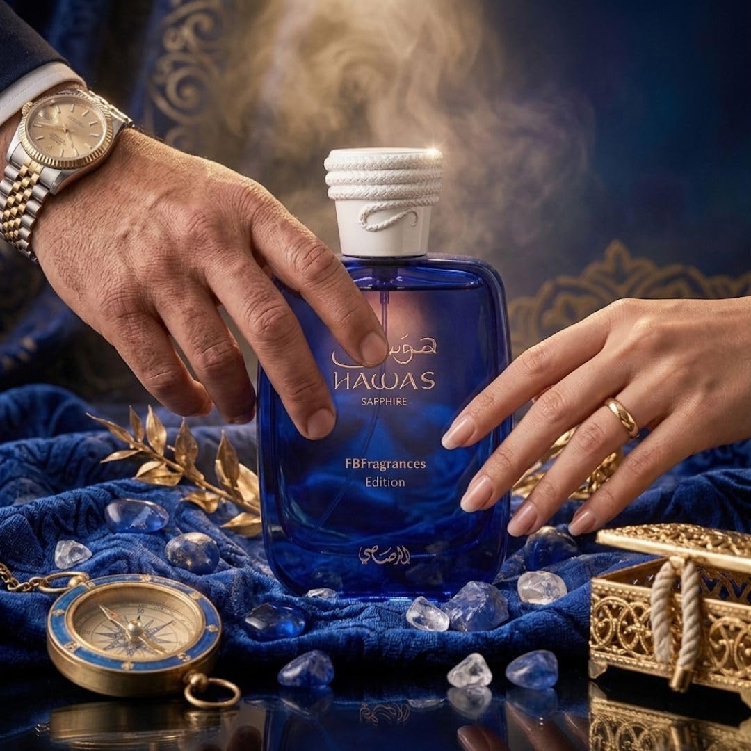 RASASI Hawas Sapphire EDP spray 100ml, a personal fragrance with a sleek bottle, showcasing the elegant perfume design.