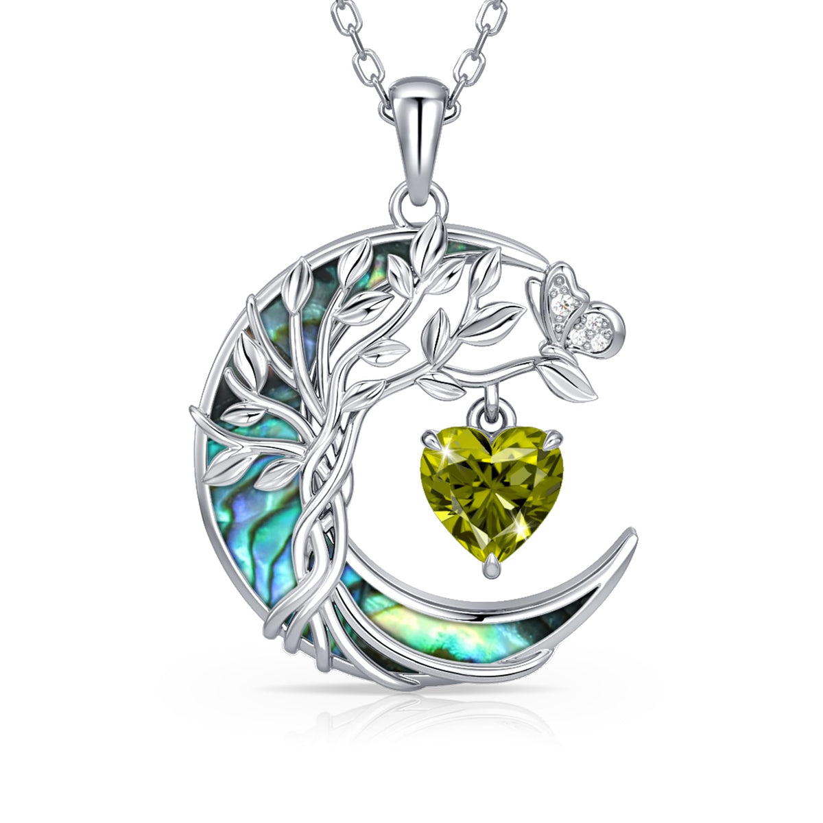 Distance Tree of Life Birthstone Necklace for Women, S925 Sterling Silver Premium Abalone Shell Moon Pendant, Heart Birt