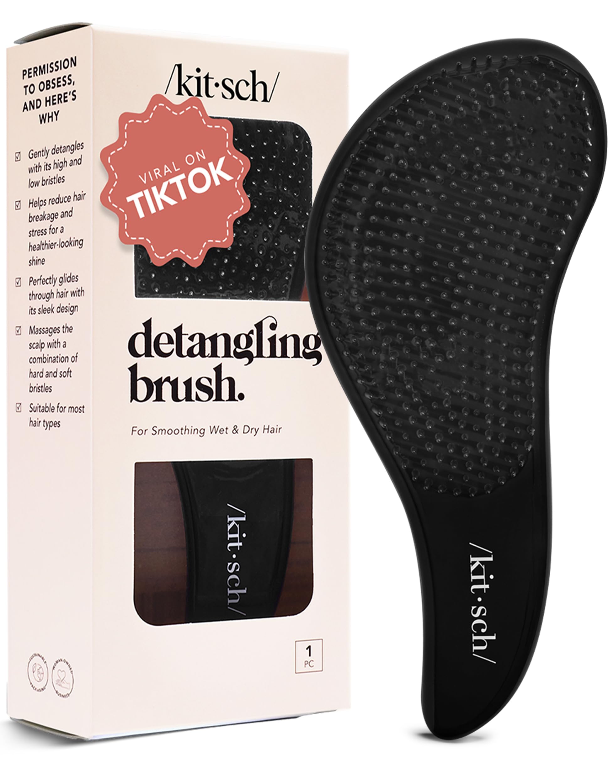Kitsch detangle hair brush in black designed for curly hair, featuring gentle bristles for smooth, tangle-free styling.