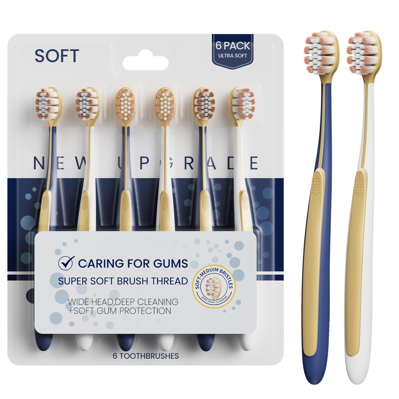 6 Pack Adult Wide Head Soft Toothbrush, Ultra-Soft Sensitive Gums - Product Imagery