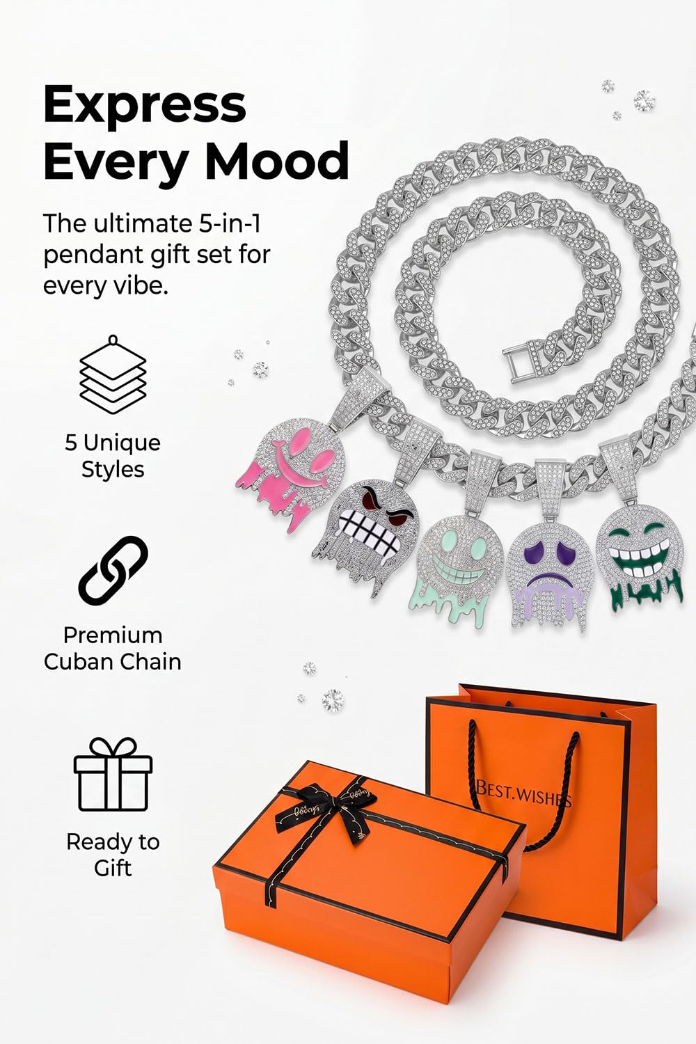 RFCAW 5-in-1 Interchangeable Mood Pendant Necklace Set, Iced Out Dripping Face Enamel Charms with Cuban Link Chain, Hip 