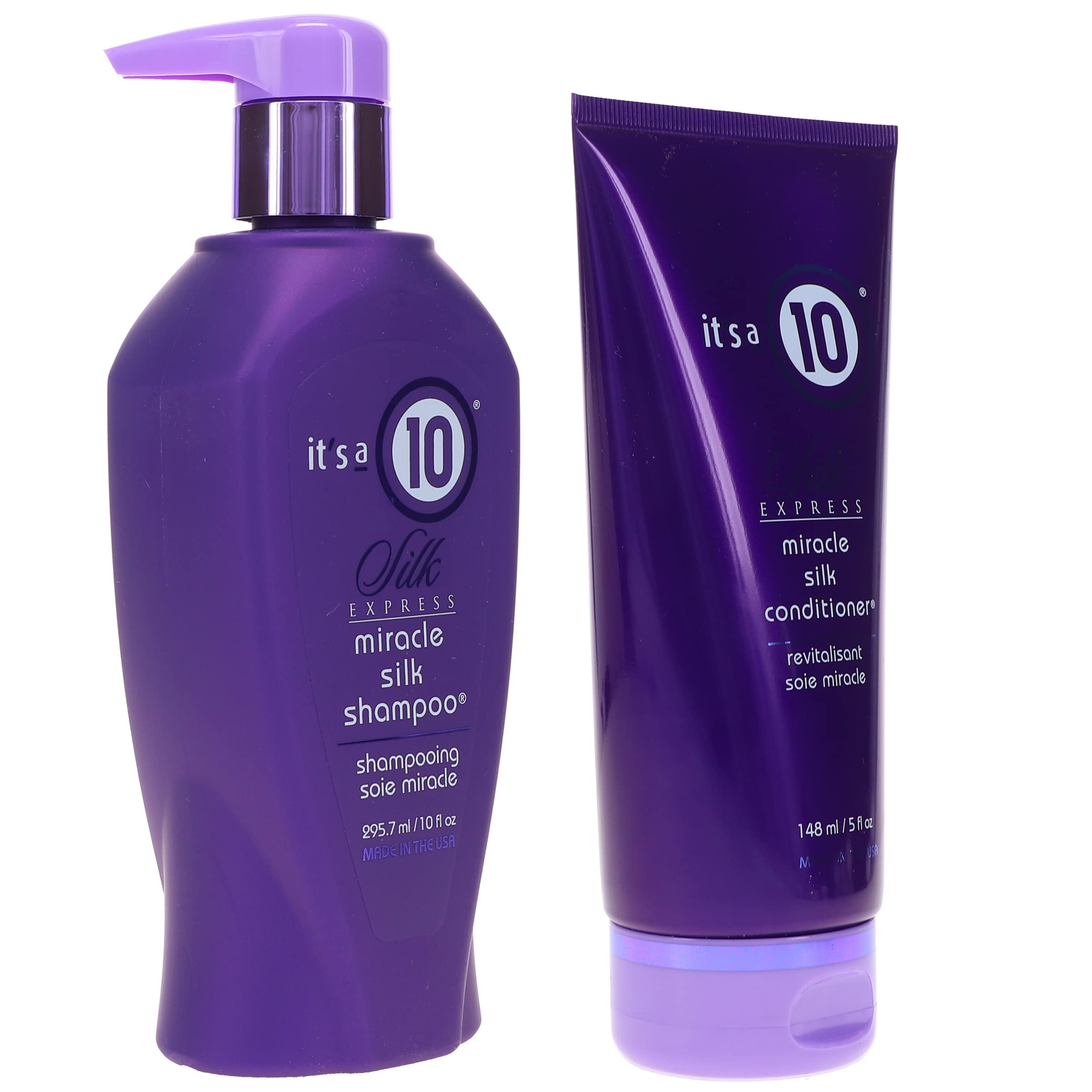 It's a 10 Silk Express Miracle Silk Shampoo and Conditioner set by It's a 10 Haircare, featuring bottles with sleek packaging for smooth hair.