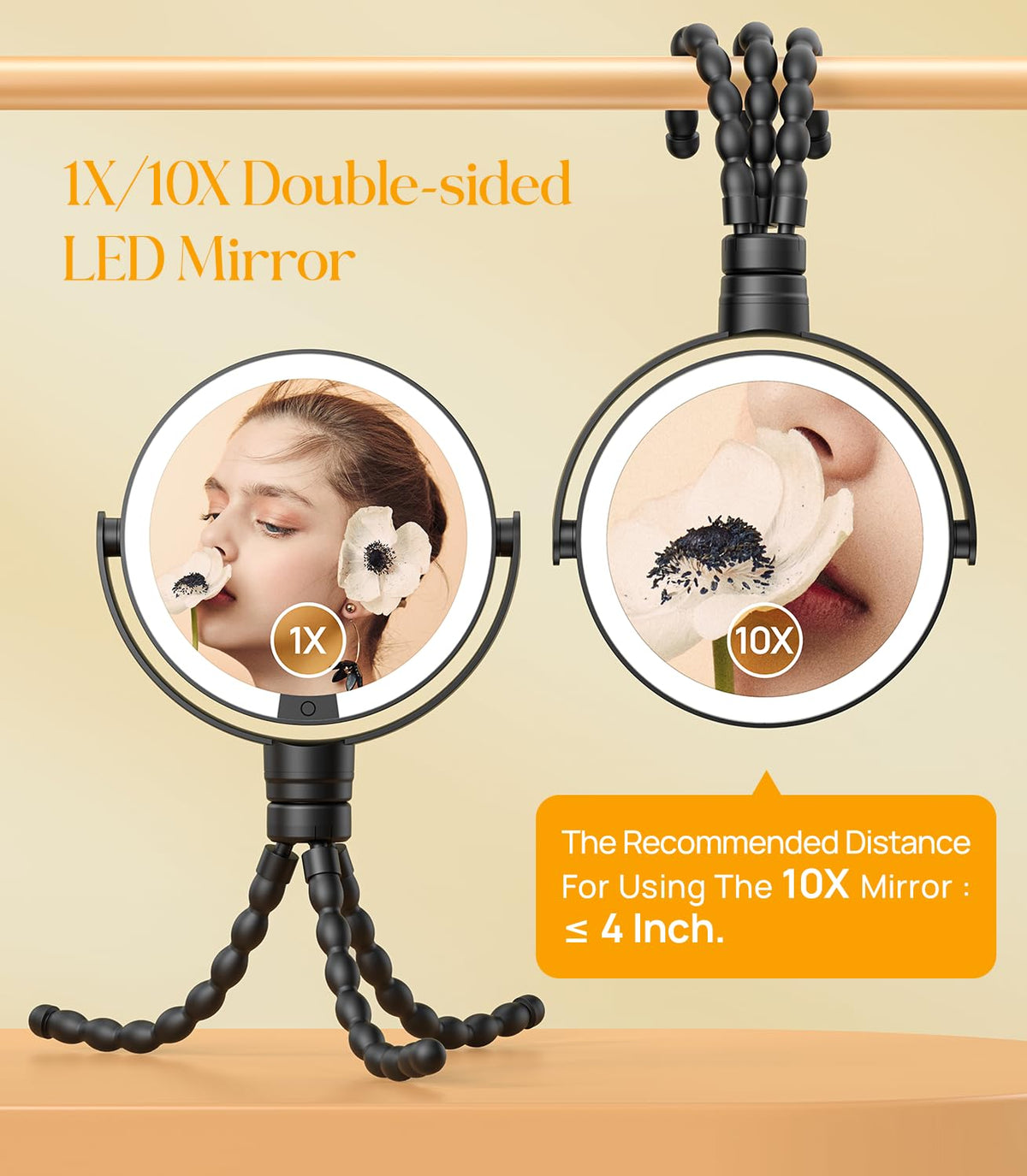 Gospire 5.85” Tripod Travel Makeup Mirror with Light and Magnification – close-up detail in Black