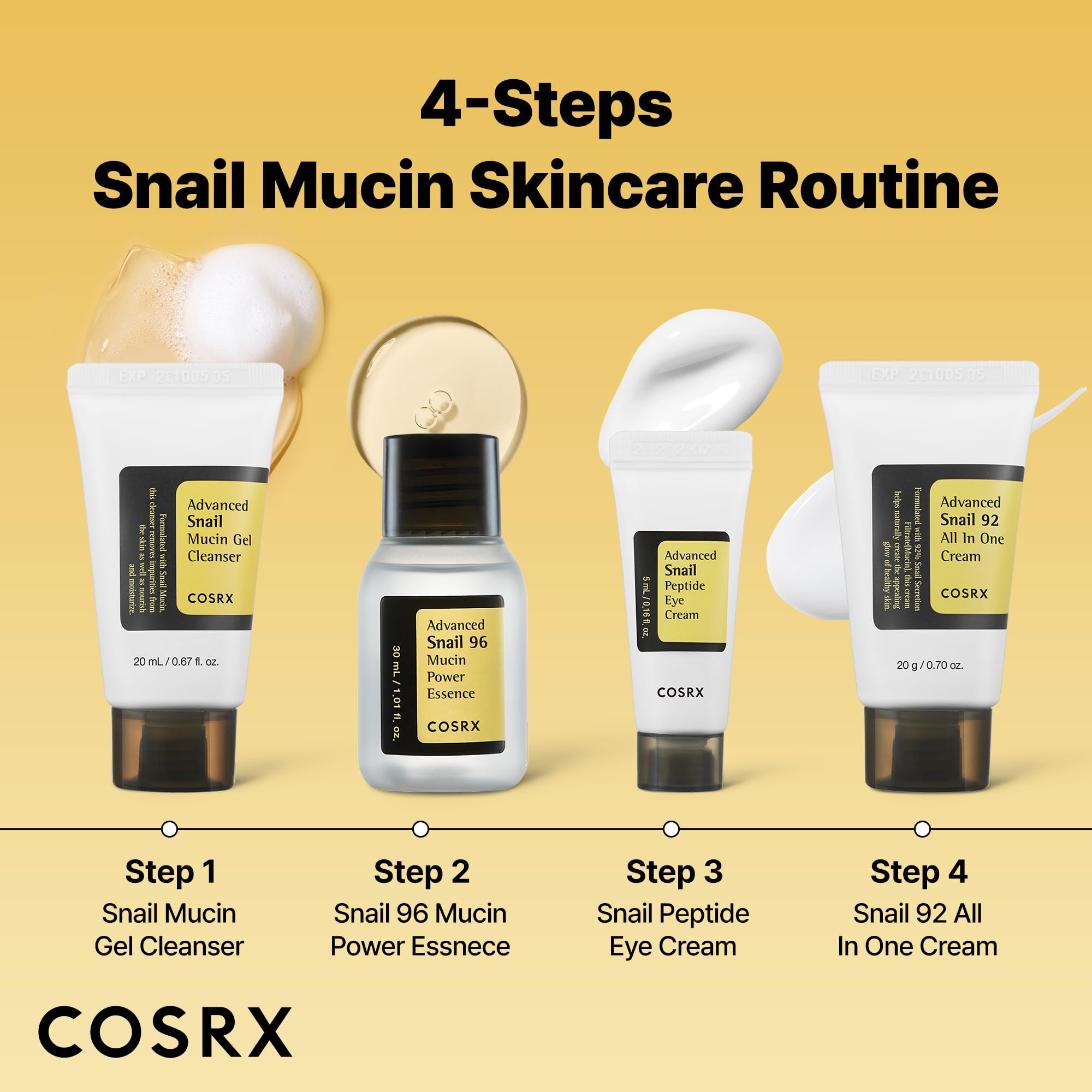 COSRX All About Snail Mucin Korean skincare set with mini travel essentials, featuring bottles of snail mucin skincare products.