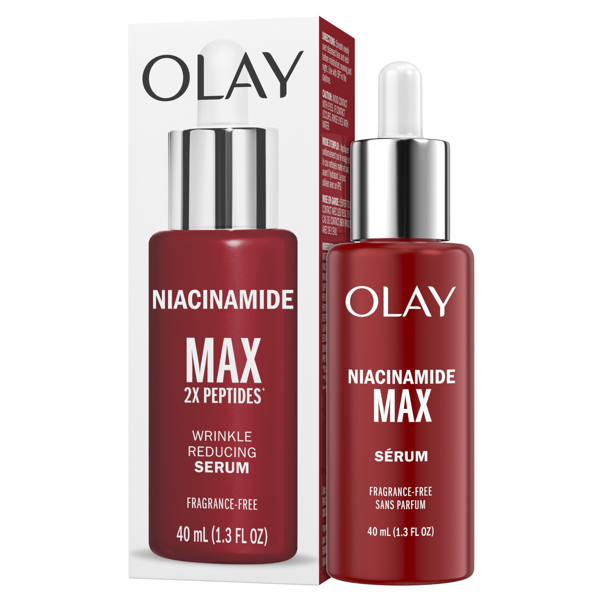Olay Niacinamide MAX Skin Serum for women with peptides and anti-aging ingredients, fragrance-free, 1.3oz bottle.