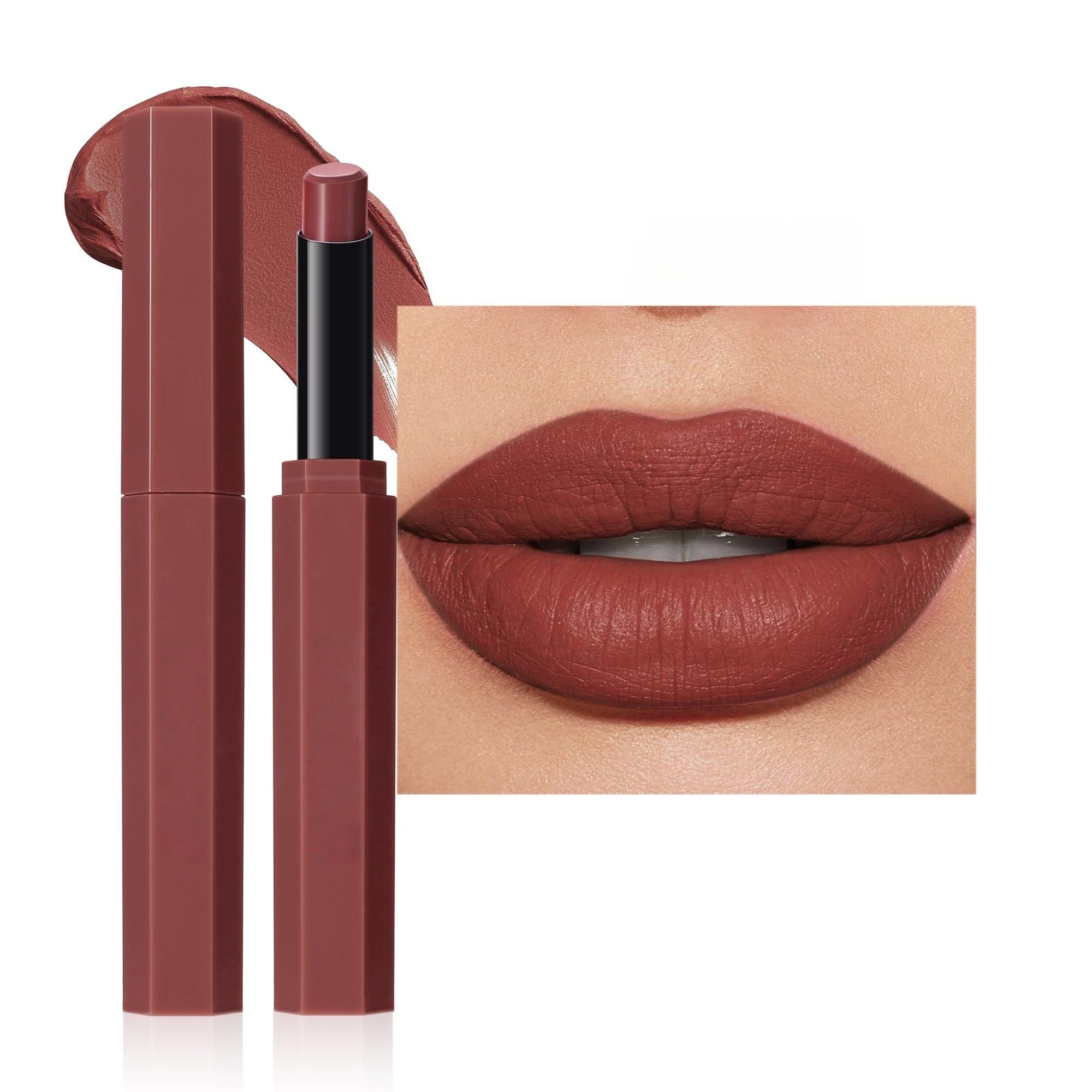 SAUBZEAN long-lasting matte lipstick in a rich lip color, satin finish, held in hand showing smooth application on lips.