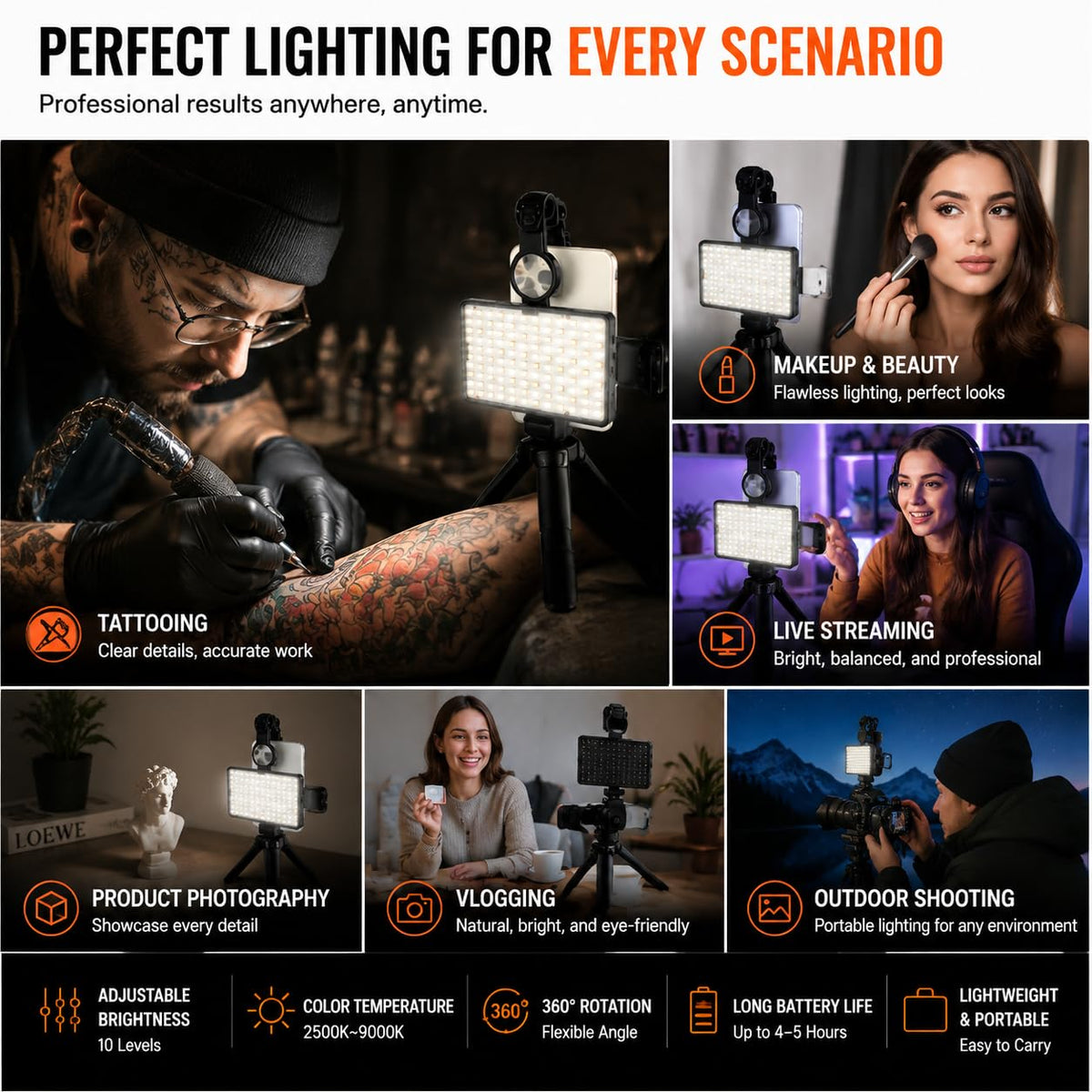 JZsmpmu 120 Led Tattoo Light Kit with 52mm Cpl,Tripod Light,Dual Clips,Tattoo Equipment and Supplies for Tiktok Taking T