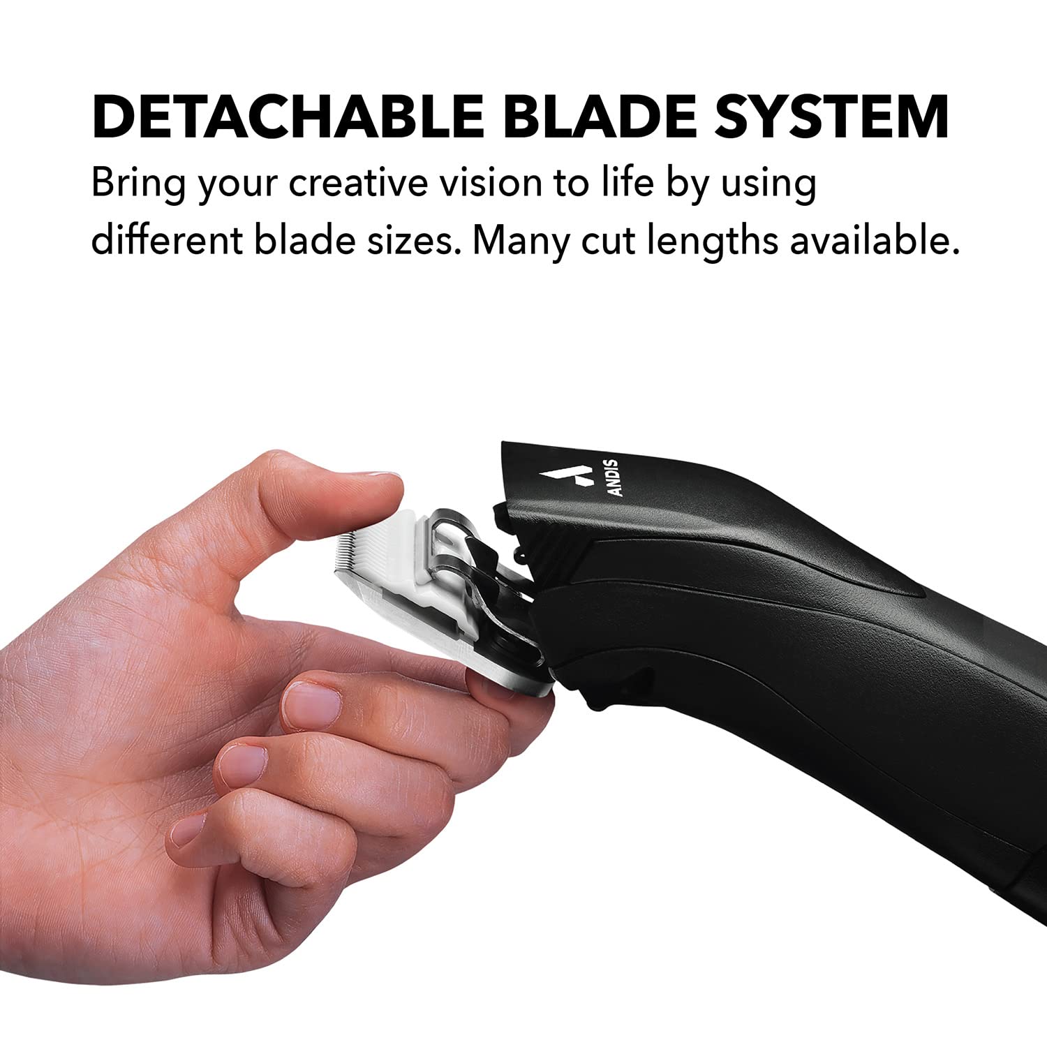 Andis CeramicEdge Size 1 detachable carbon steel blade for hair trimmer showing the blade's fine teeth and attachment mechanism