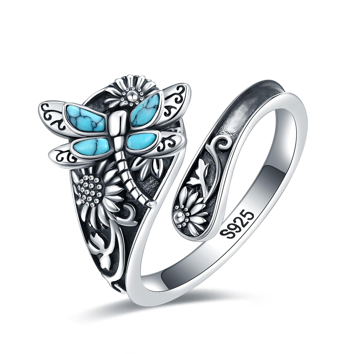 EJALEN S925-Sterling-Silver Abalone Dragonfly-Turquoise Spoon Ring - Vintage Boho Sunflower Thumb Oxidized Wrap Rings Vi