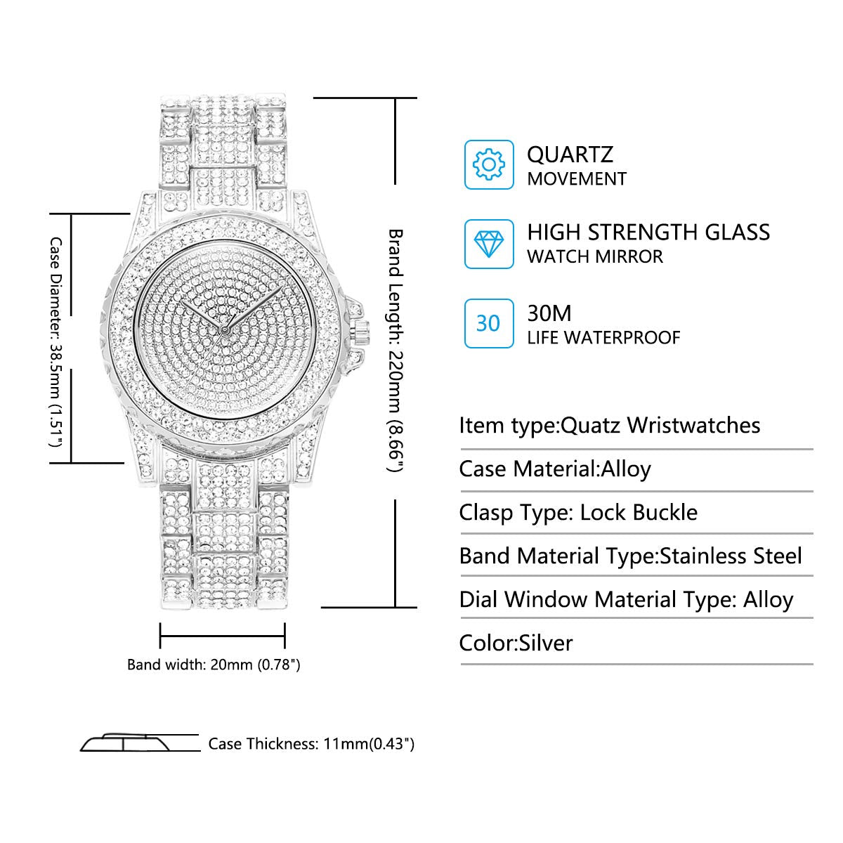 Kchss Watch for Women Interior Full Diamond Bling Rhinestone Iced Out Quartz Crystal Stainless Steel Ladies Wrist Watch