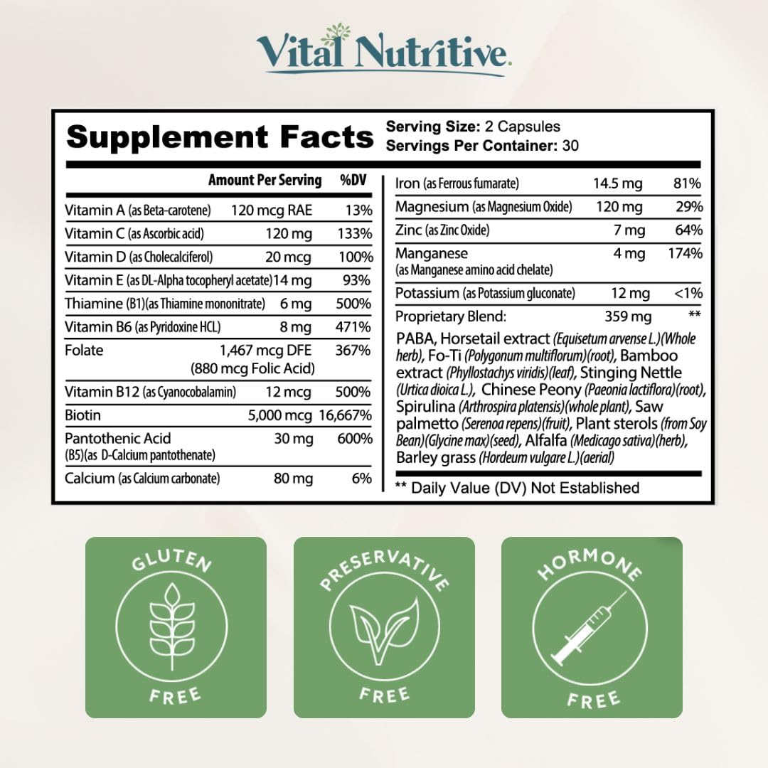 VITAL NUTRITIVE Biotin Hair Growth Vitamins - Hair, Skin & Nails Supplement