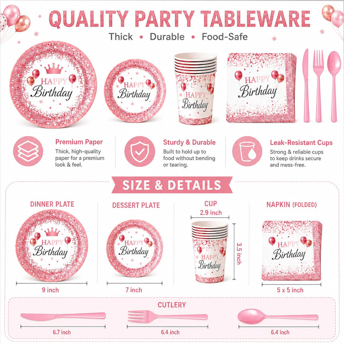 ZIRICHER 212Pcs Pink Birthday Party Supplies Set, Disposable Plates Napkins Cups Cutlery Tableware Kit with Balloons Ban